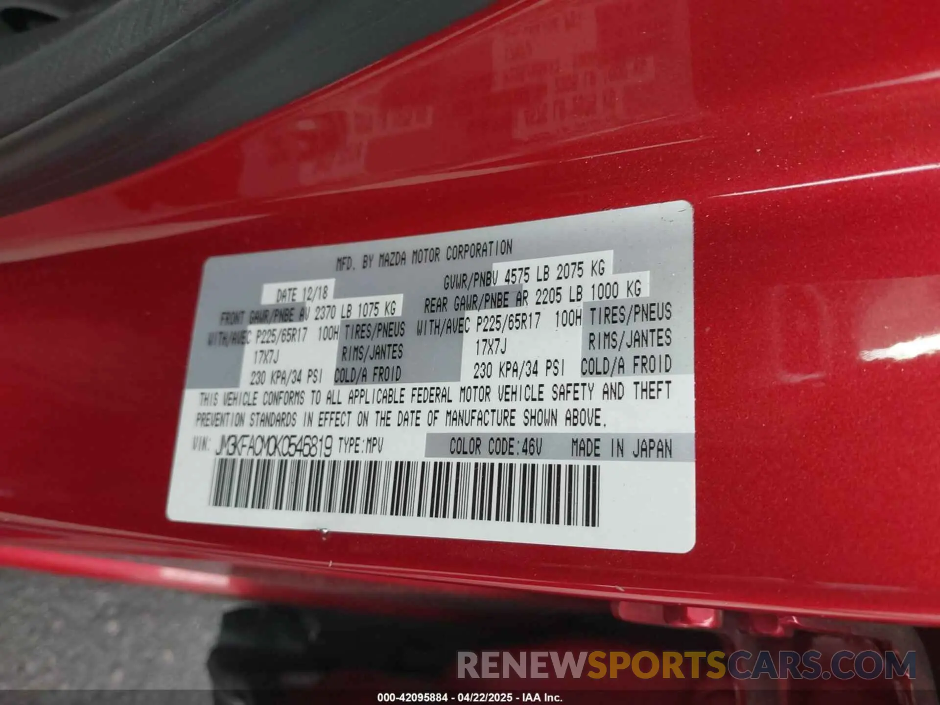 9 fotografías del automóvil dañado JM3KFACM0K0546819 MAZDA CX-5 2019