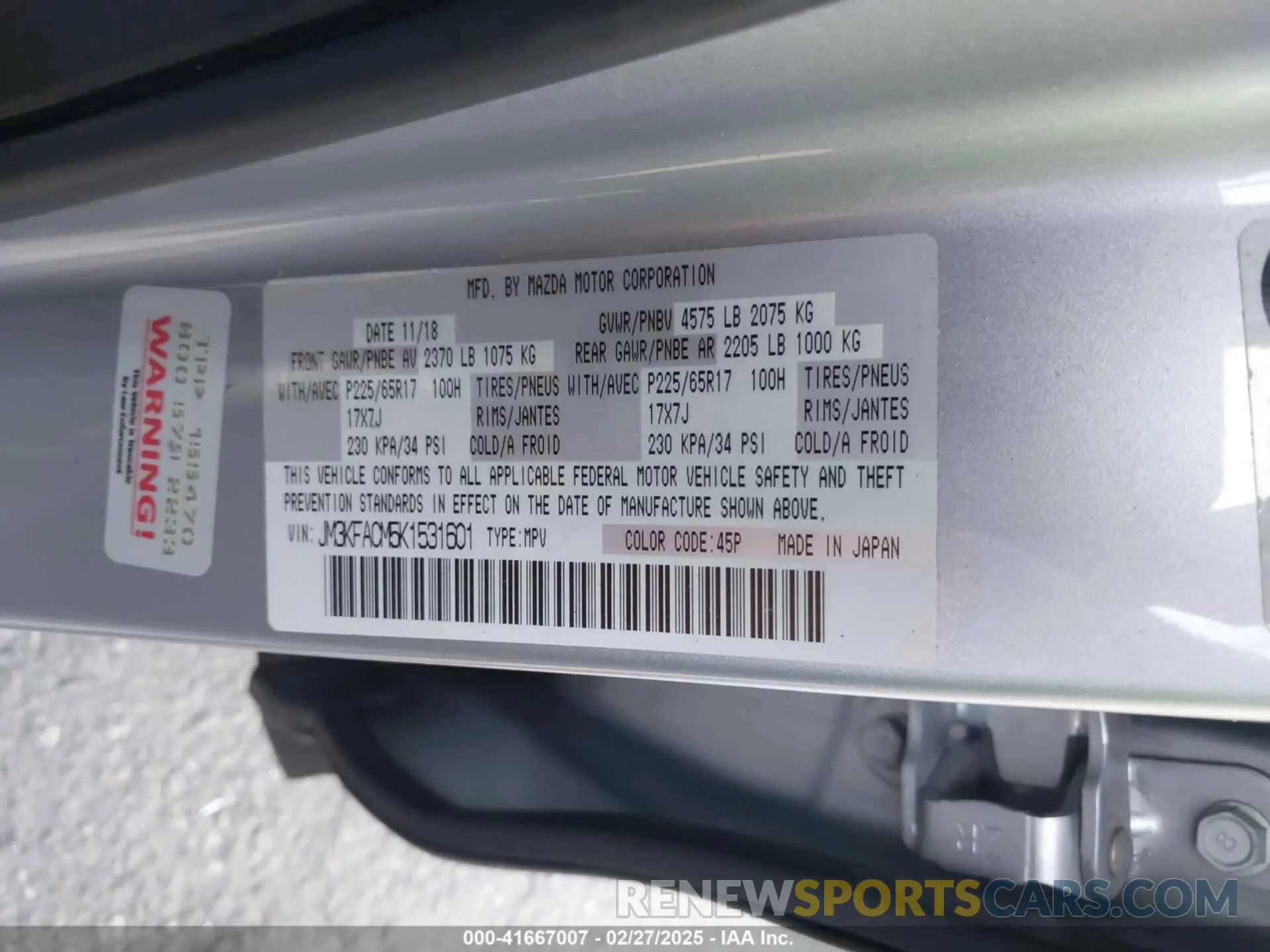 9 fotografías del automóvil dañado JM3KFACM5K1531601 MAZDA CX-5 2019