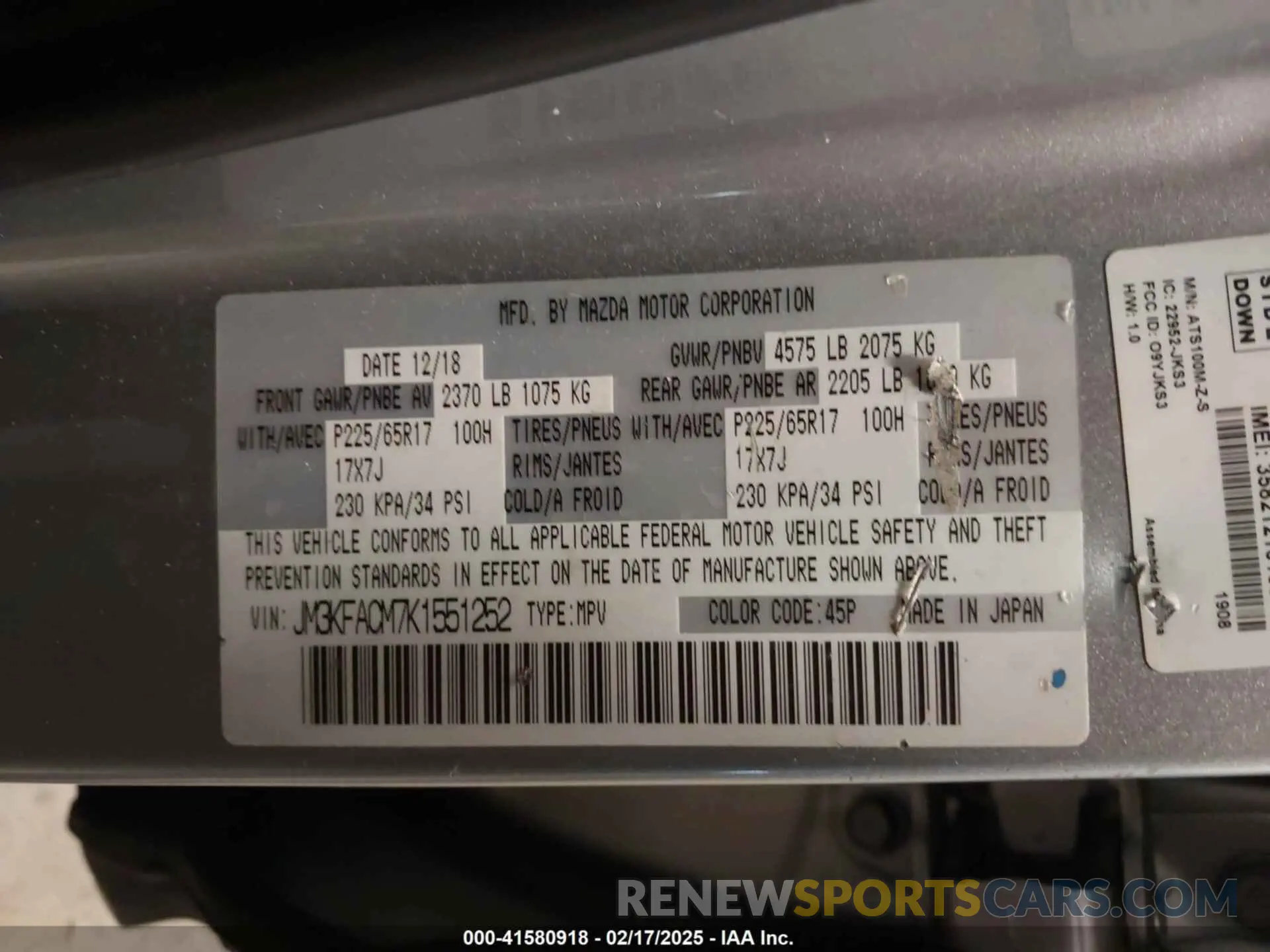 9 fotografías del automóvil dañado JM3KFACM7K1551252 MAZDA CX-5 2019