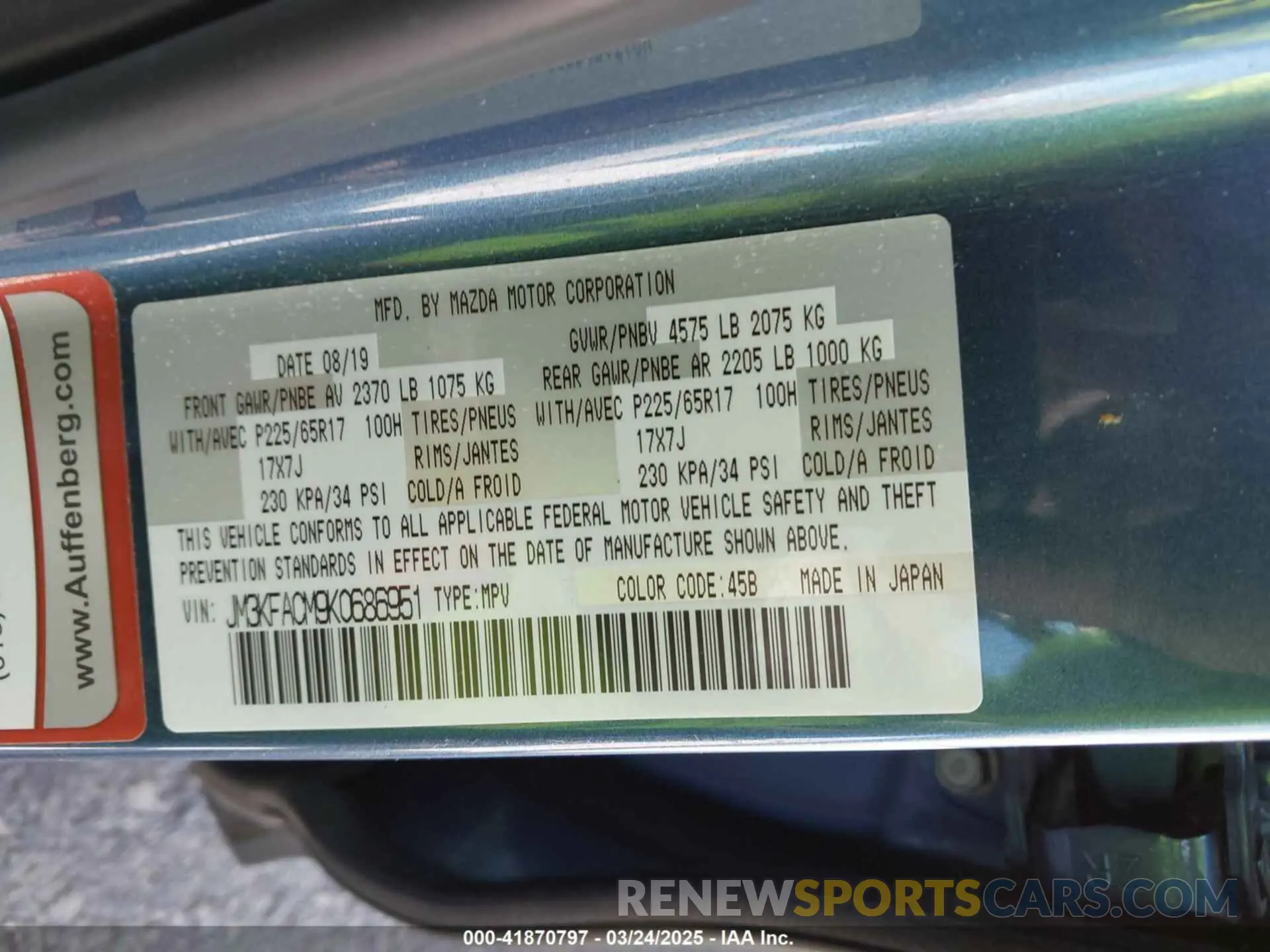 9 fotografías del automóvil dañado JM3KFACM9K0686951 MAZDA CX-5 2019