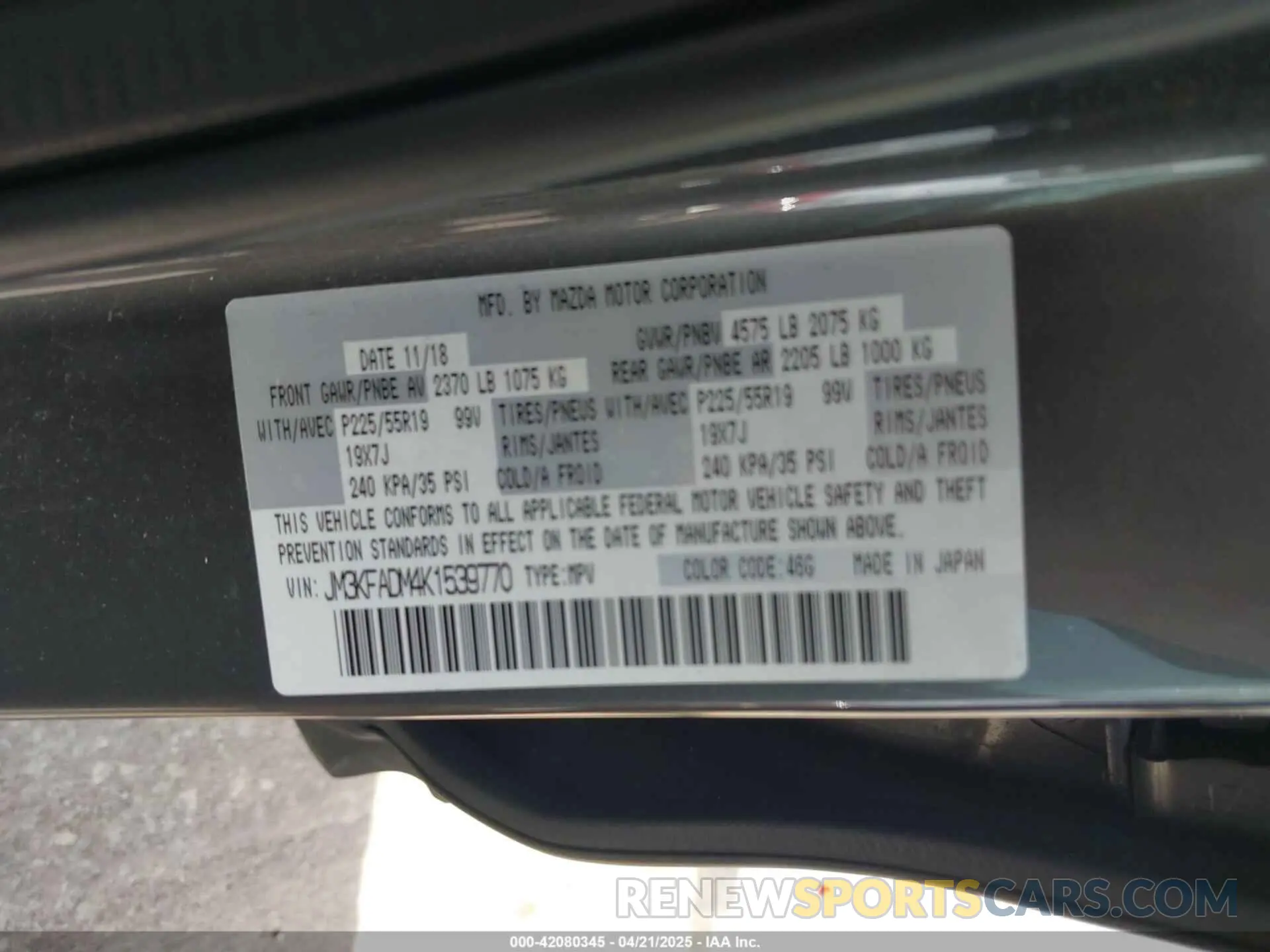 9 fotografías del automóvil dañado JM3KFADM4K1539770 MAZDA CX-5 2019