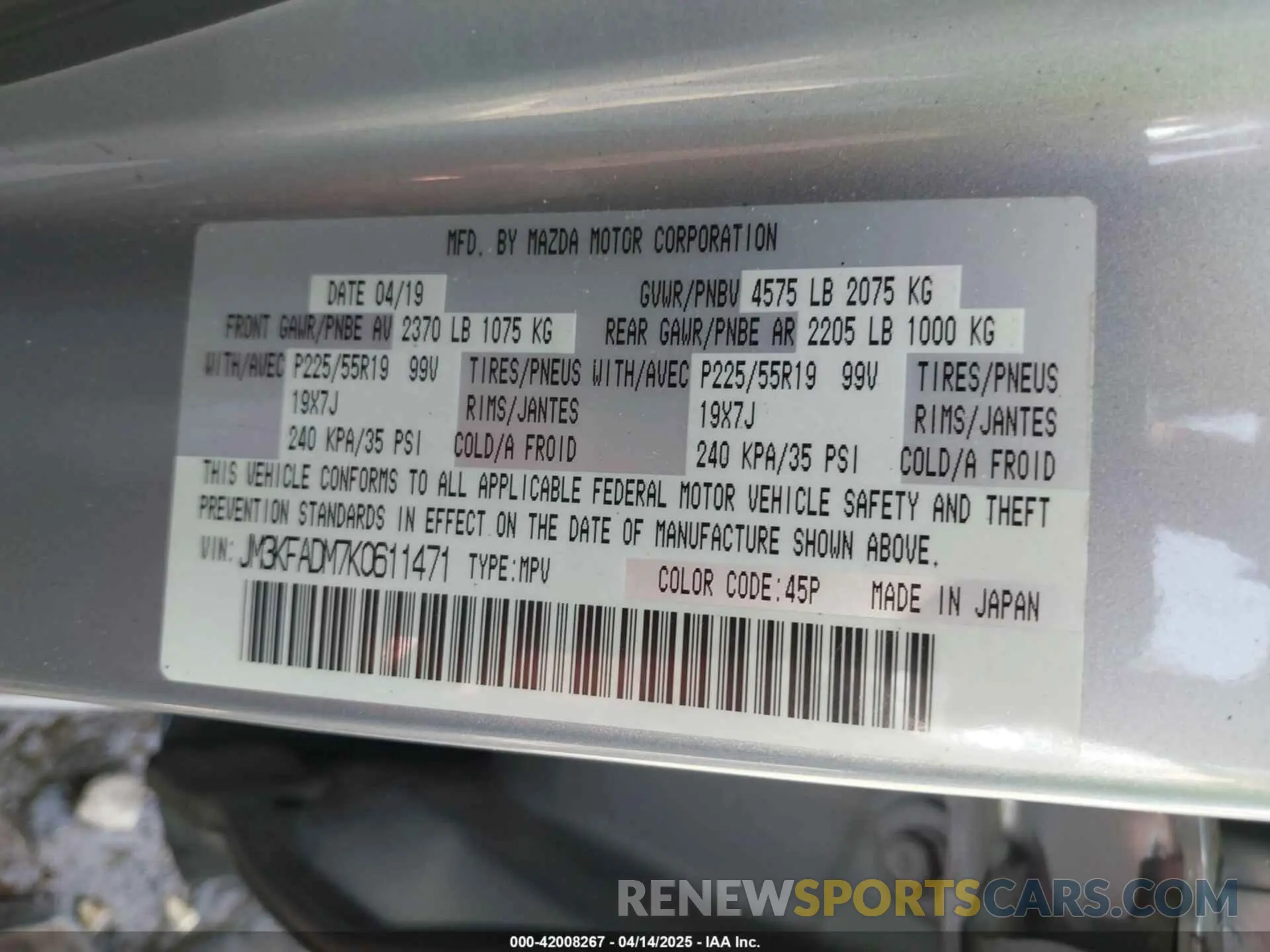 9 fotografías del automóvil dañado JM3KFADM7K0611471 MAZDA CX-5 2019