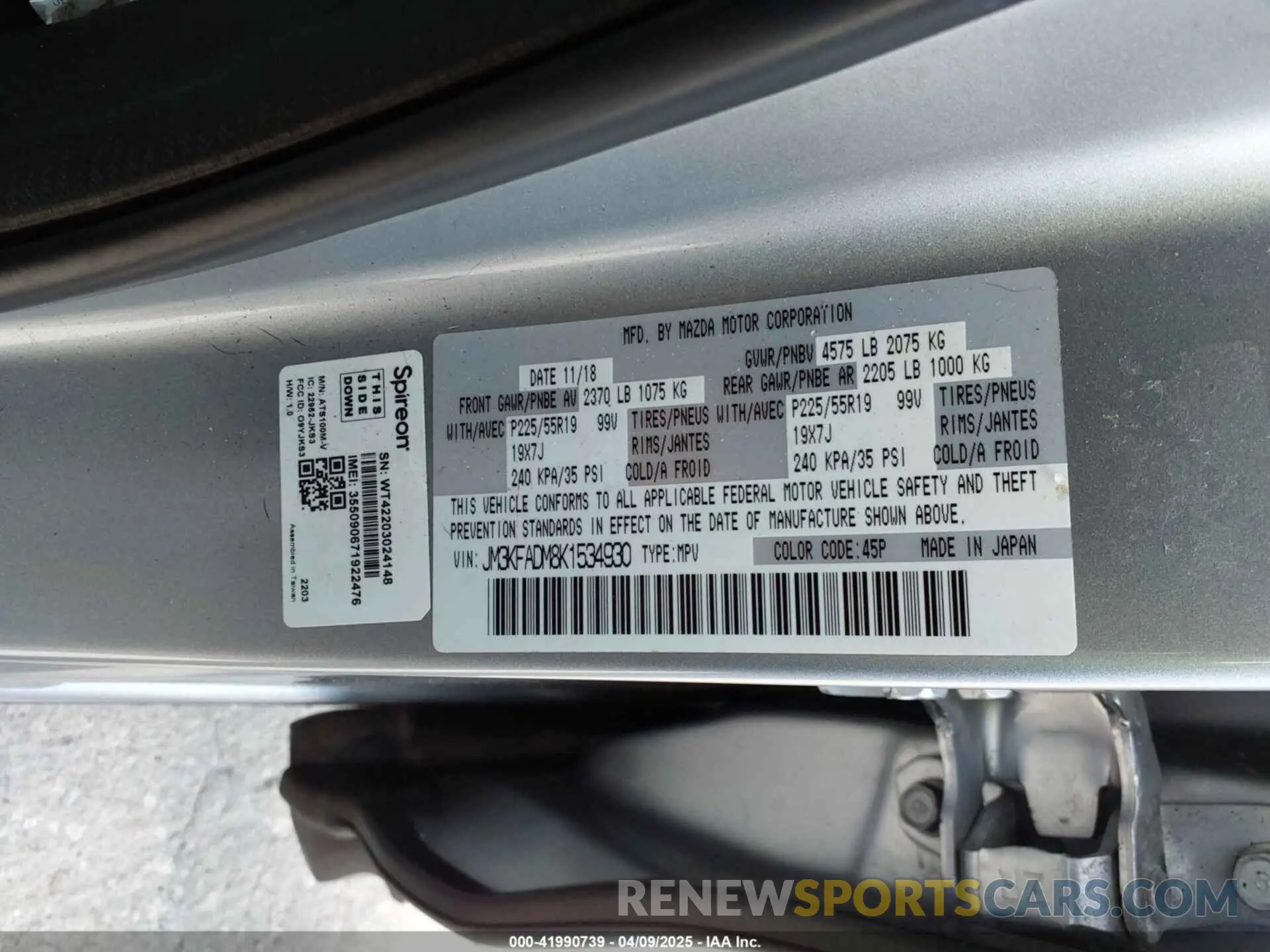9 fotografías del automóvil dañado JM3KFADM8K1534930 MAZDA CX-5 2019