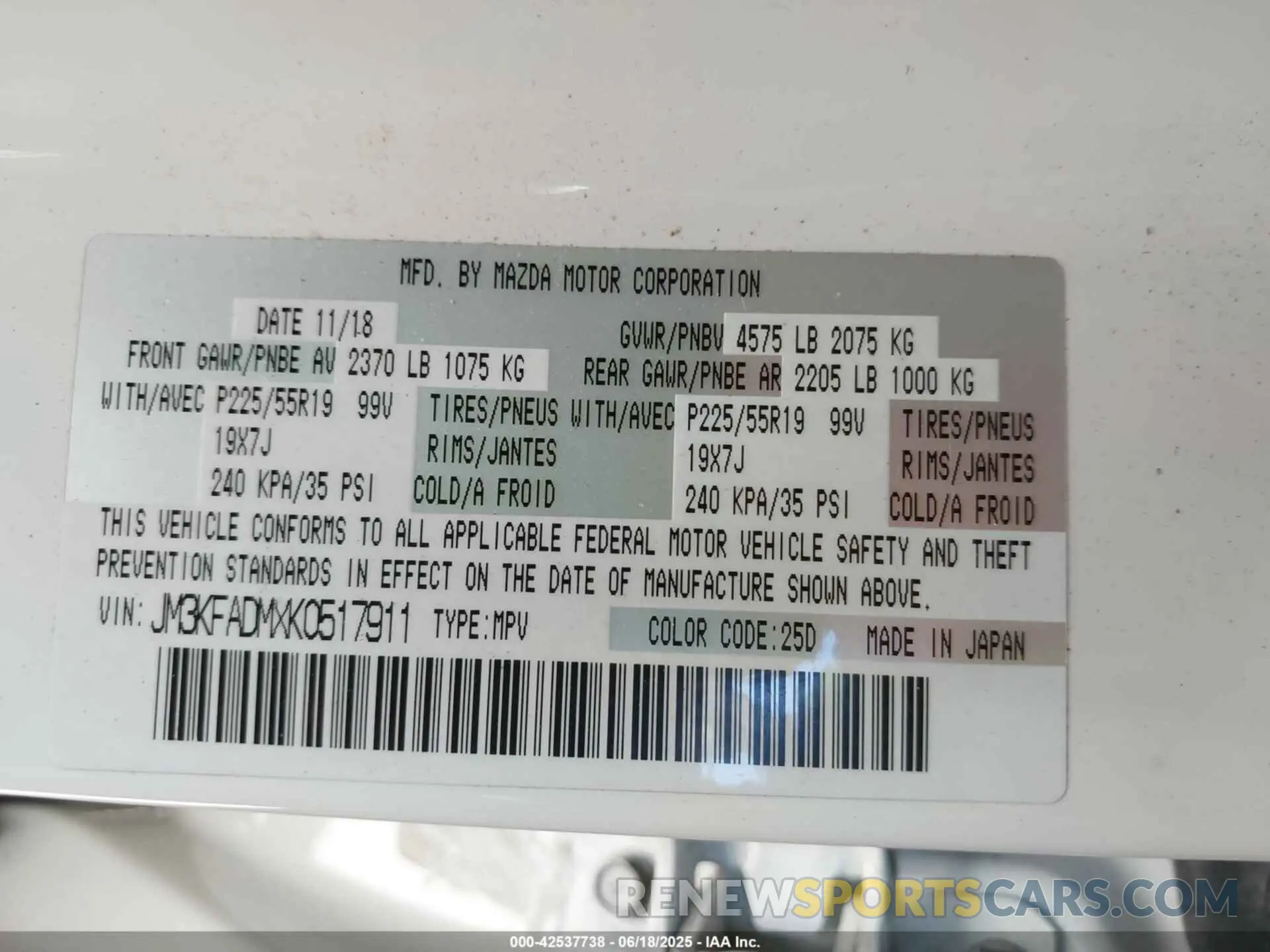 9 fotografías del automóvil dañado JM3KFADMXK0517911 MAZDA CX-5 2019