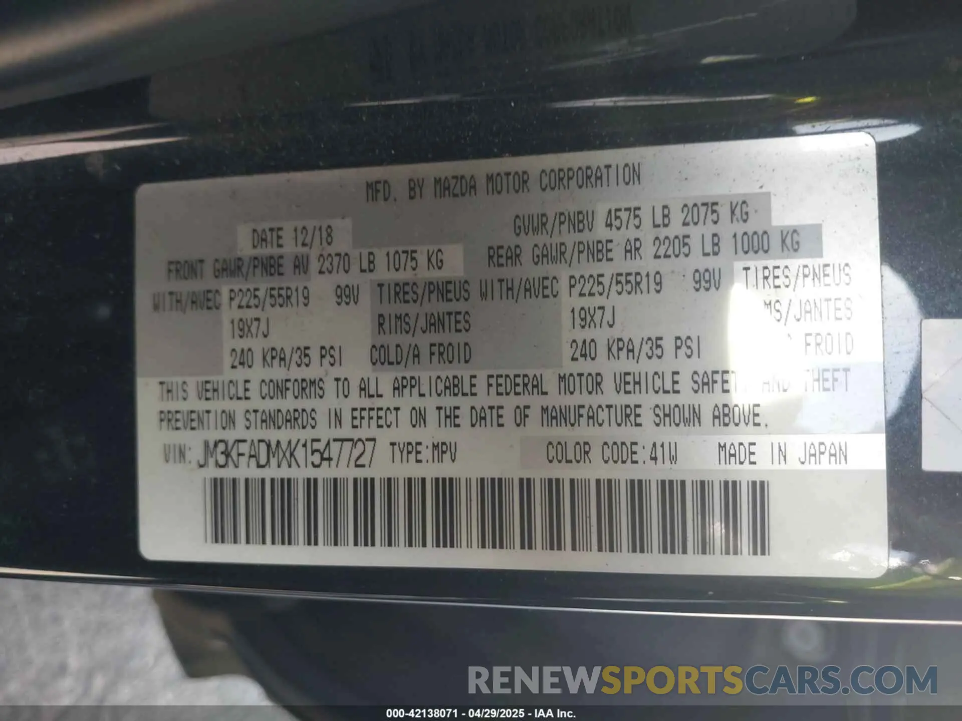 9 fotografías del automóvil dañado JM3KFADMXK1547727 MAZDA CX-5 2019