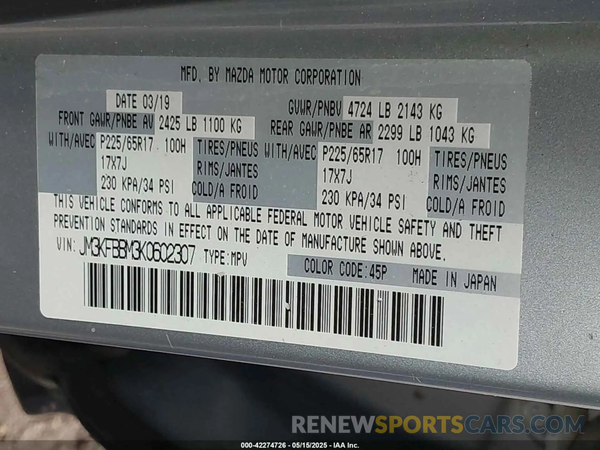 9 fotografías del automóvil dañado JM3KFBBM3K0602307 MAZDA CX-5 2019