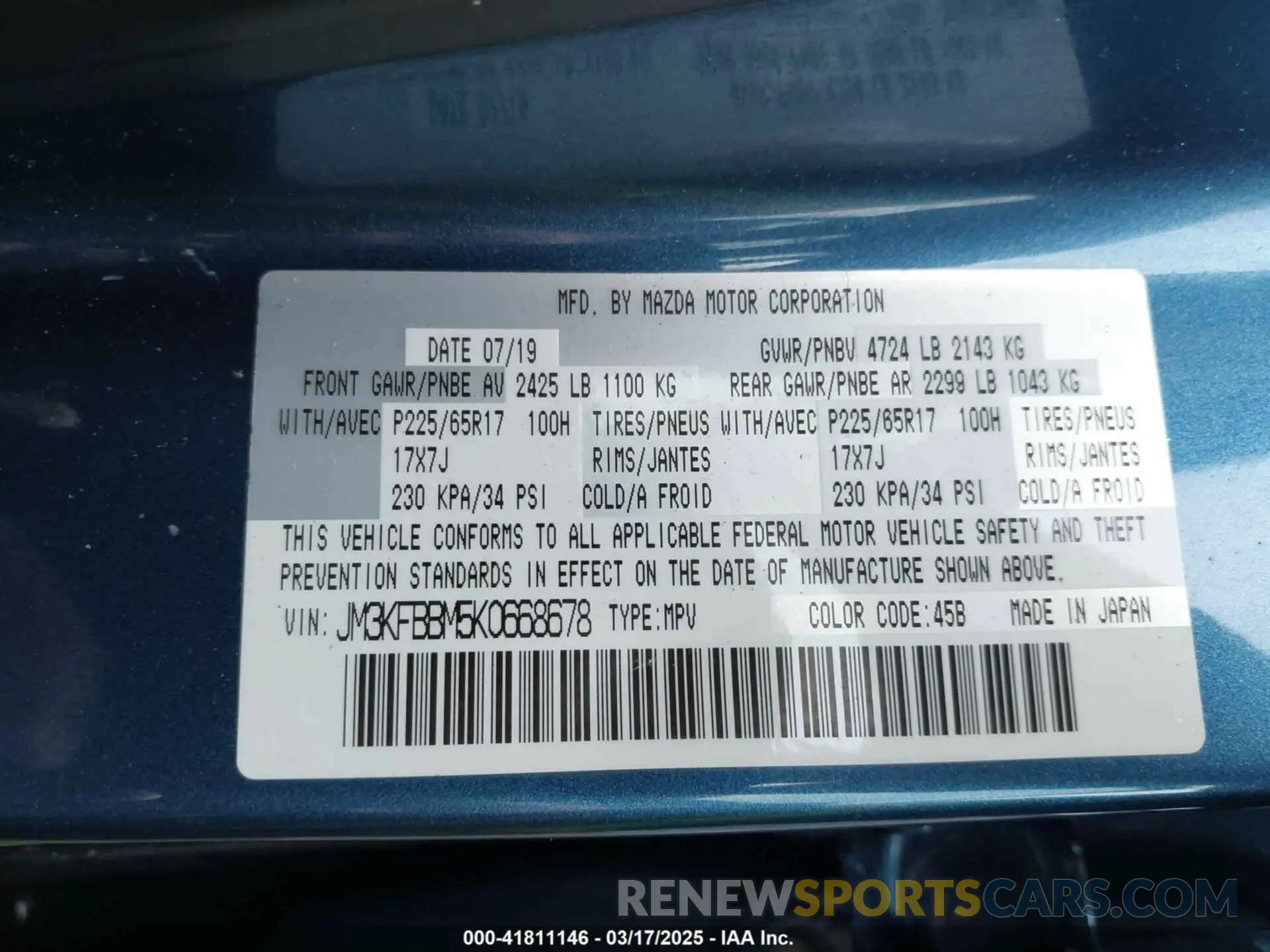 9 fotografías del automóvil dañado JM3KFBBM5K0668678 MAZDA CX-5 2019