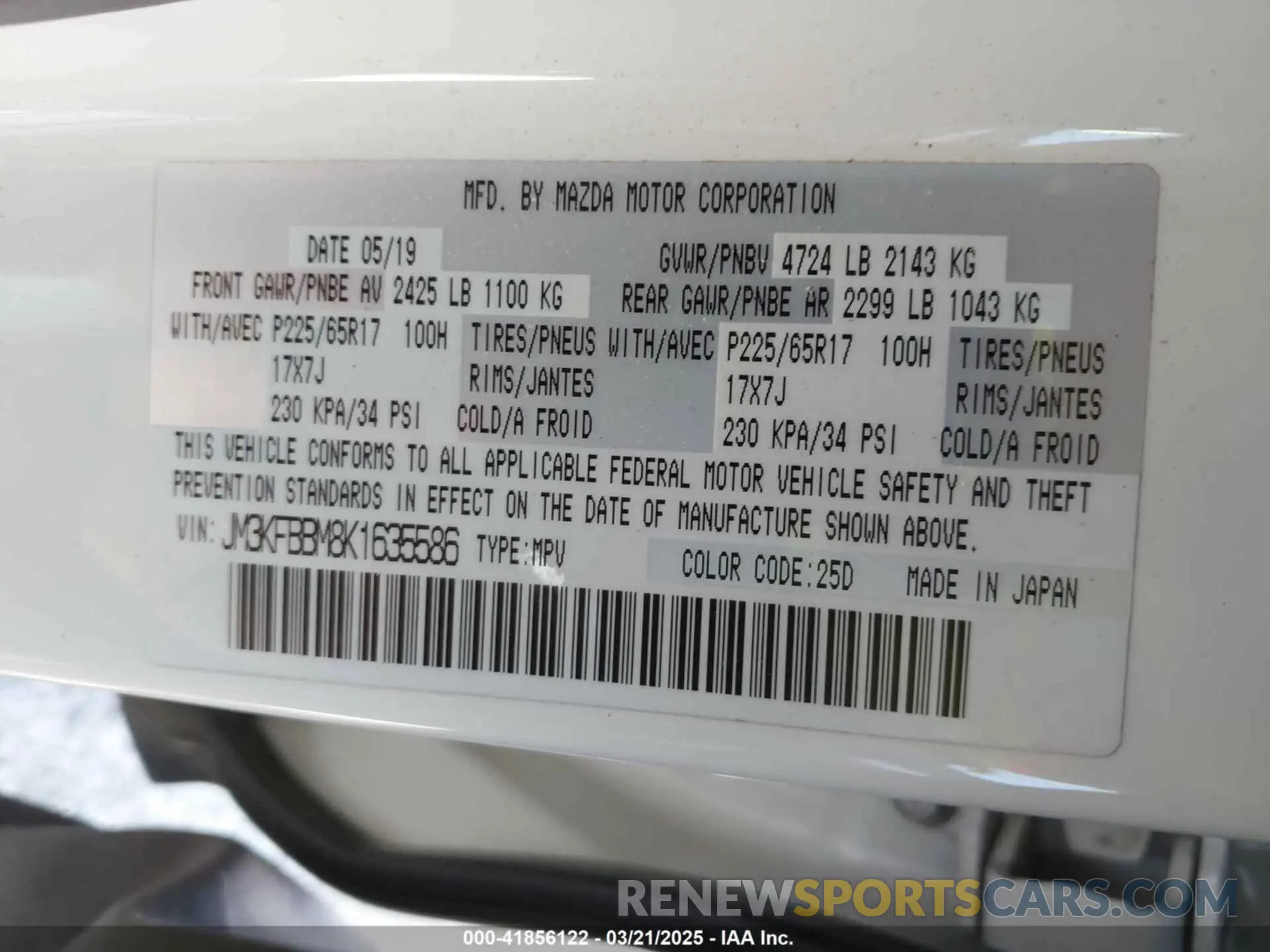 9 fotografías del automóvil dañado JM3KFBBM8K1635586 MAZDA CX-5 2019