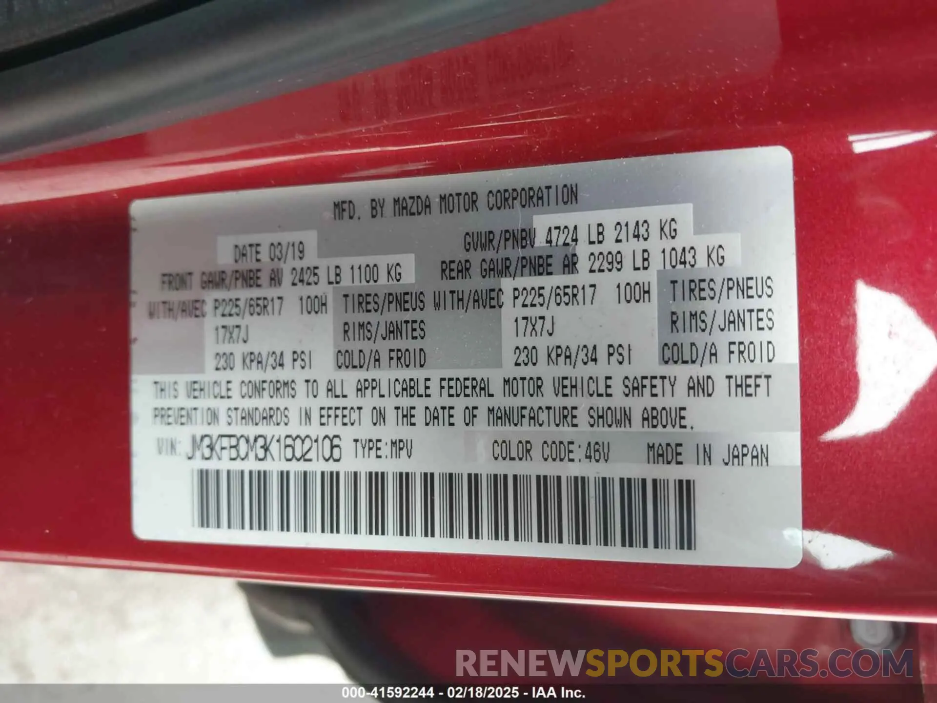 9 fotografías del automóvil dañado JM3KFBCM3K1602106 MAZDA CX-5 2019