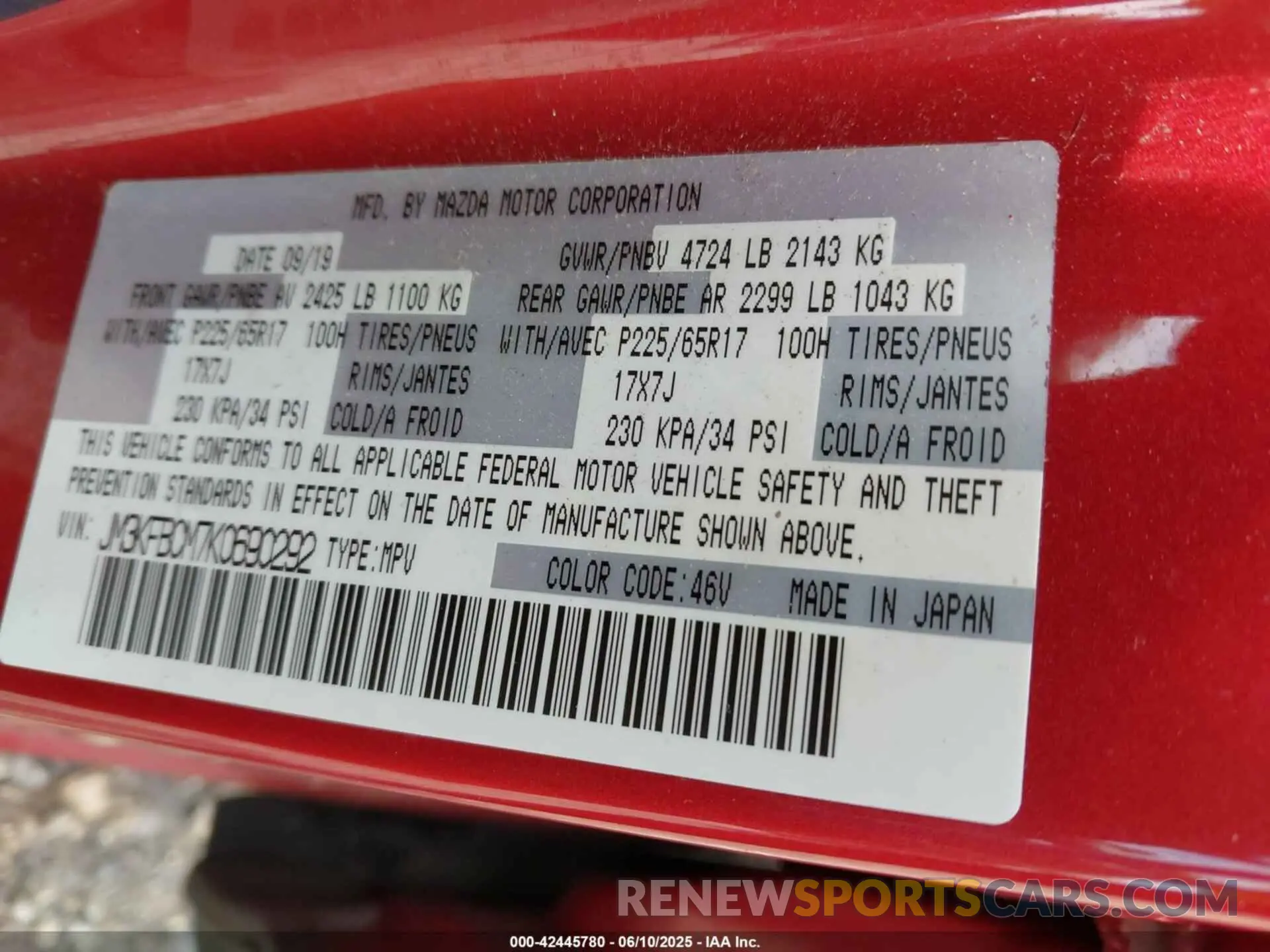 9 fotografías del automóvil dañado JM3KFBCM7K0690292 MAZDA CX-5 2019