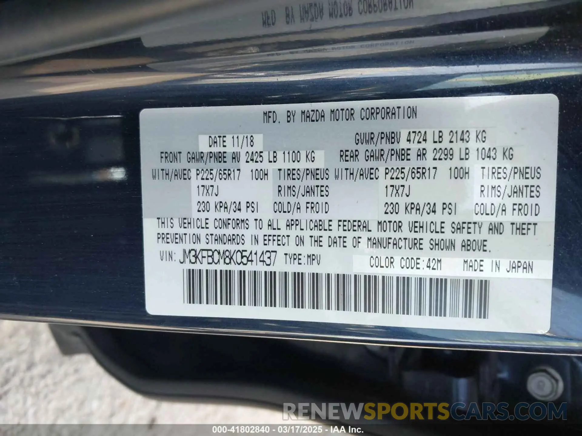9 fotografías del automóvil dañado JM3KFBCM8K0541437 MAZDA CX-5 2019