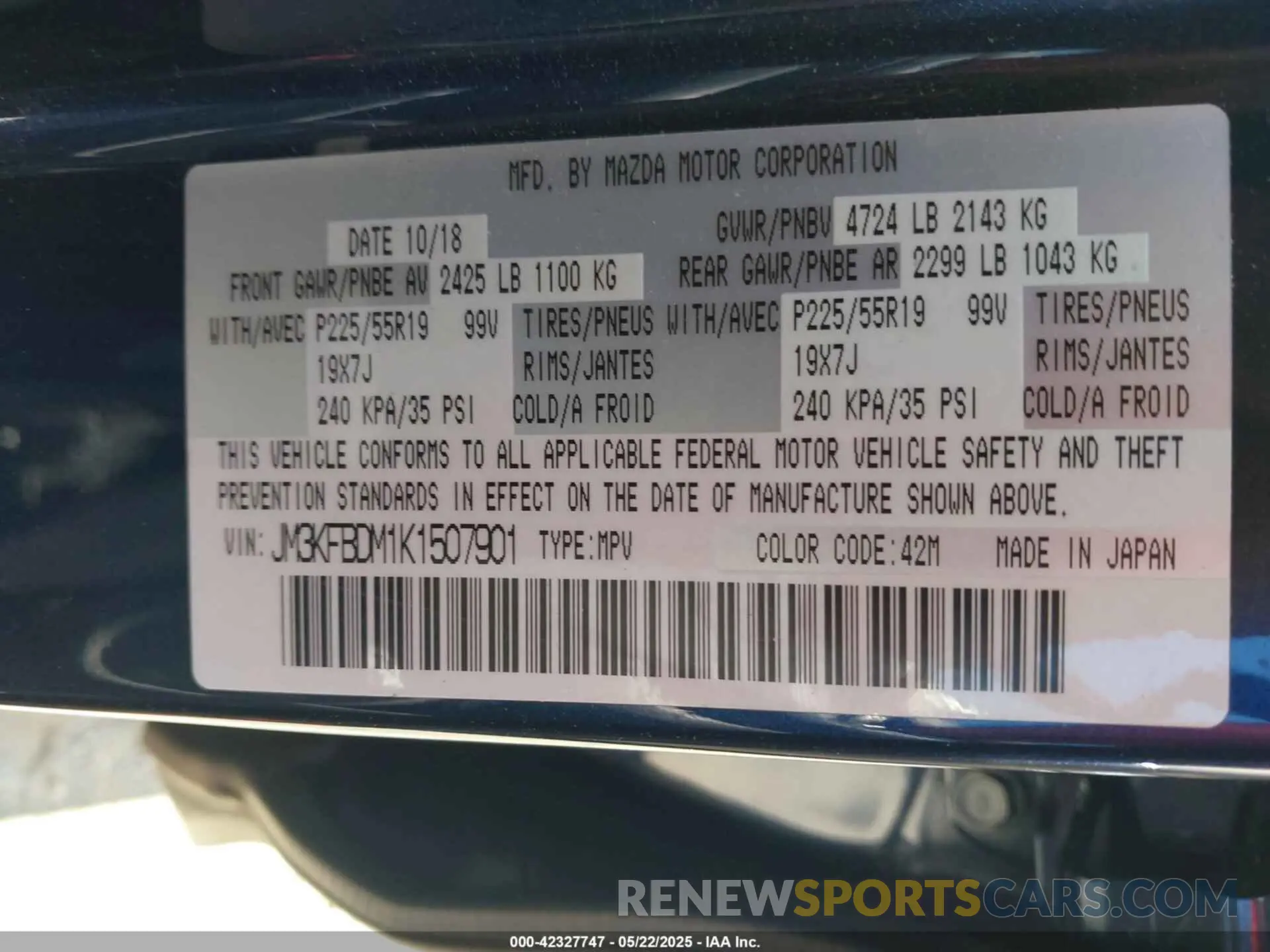 9 fotografías del automóvil dañado JM3KFBDM1K1507901 MAZDA CX-5 2019