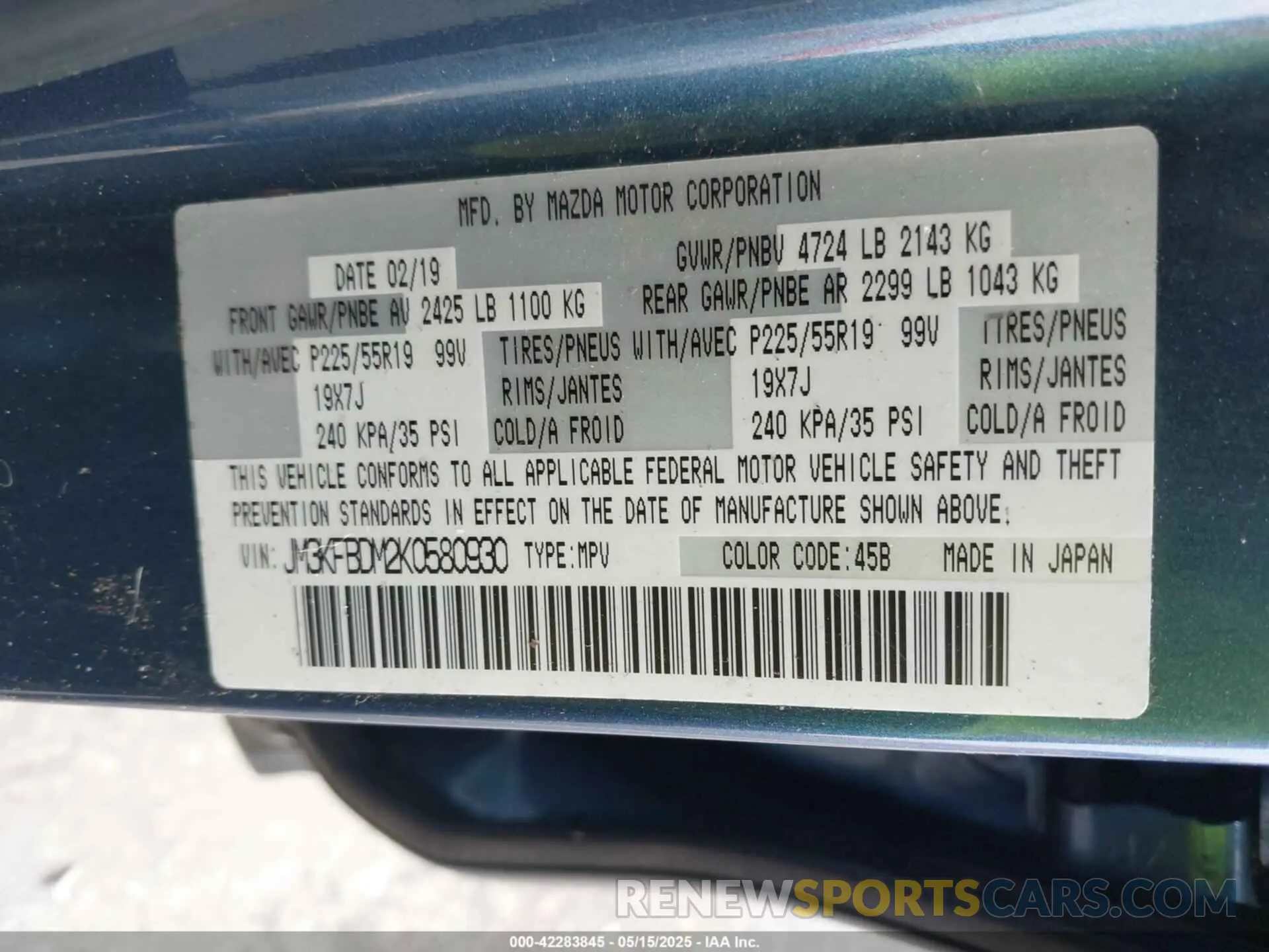9 fotografías del automóvil dañado JM3KFBDM2K0580930 MAZDA CX-5 2019