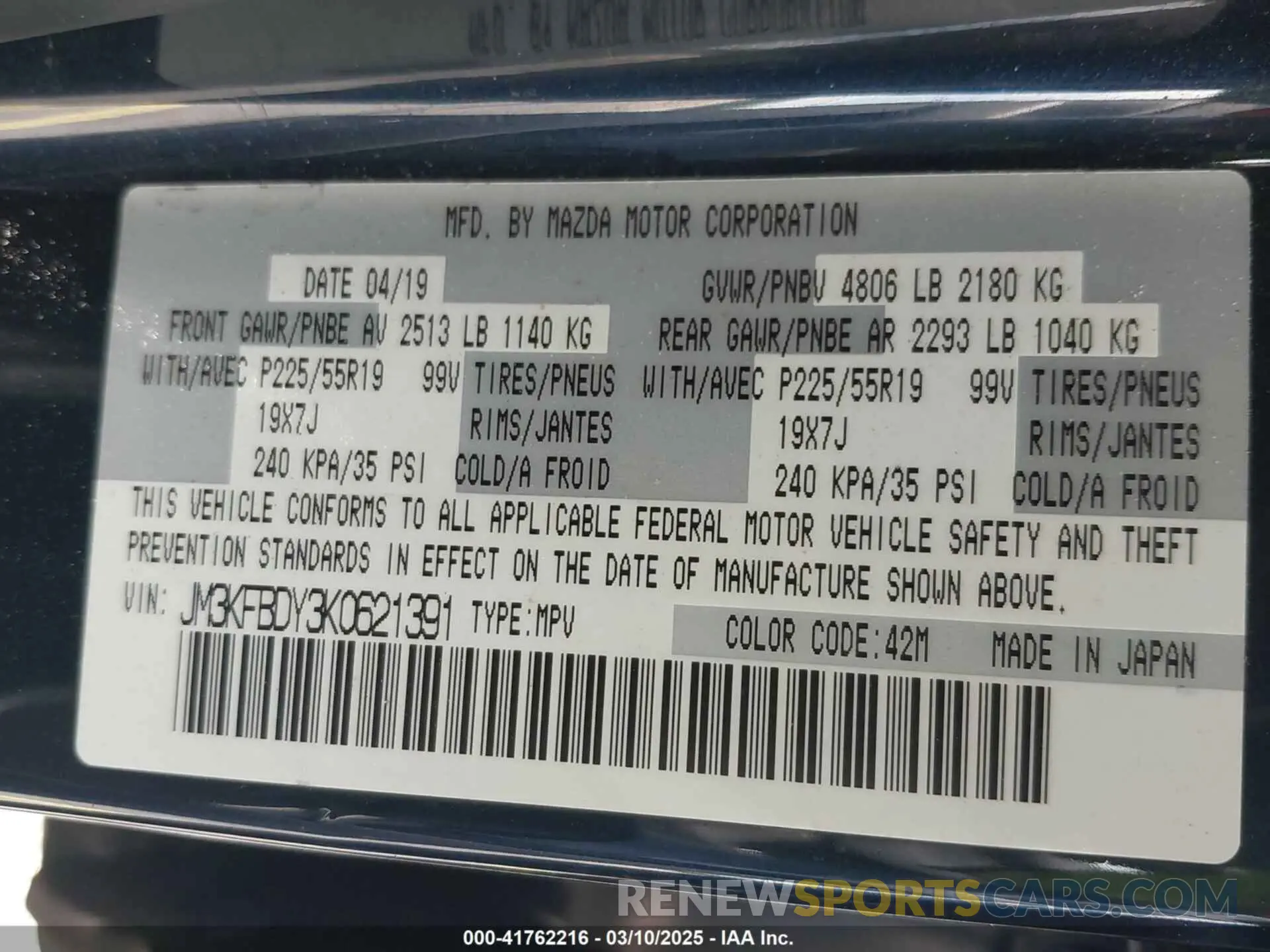 9 fotografías del automóvil dañado JM3KFBDY3K0621391 MAZDA CX-5 2019