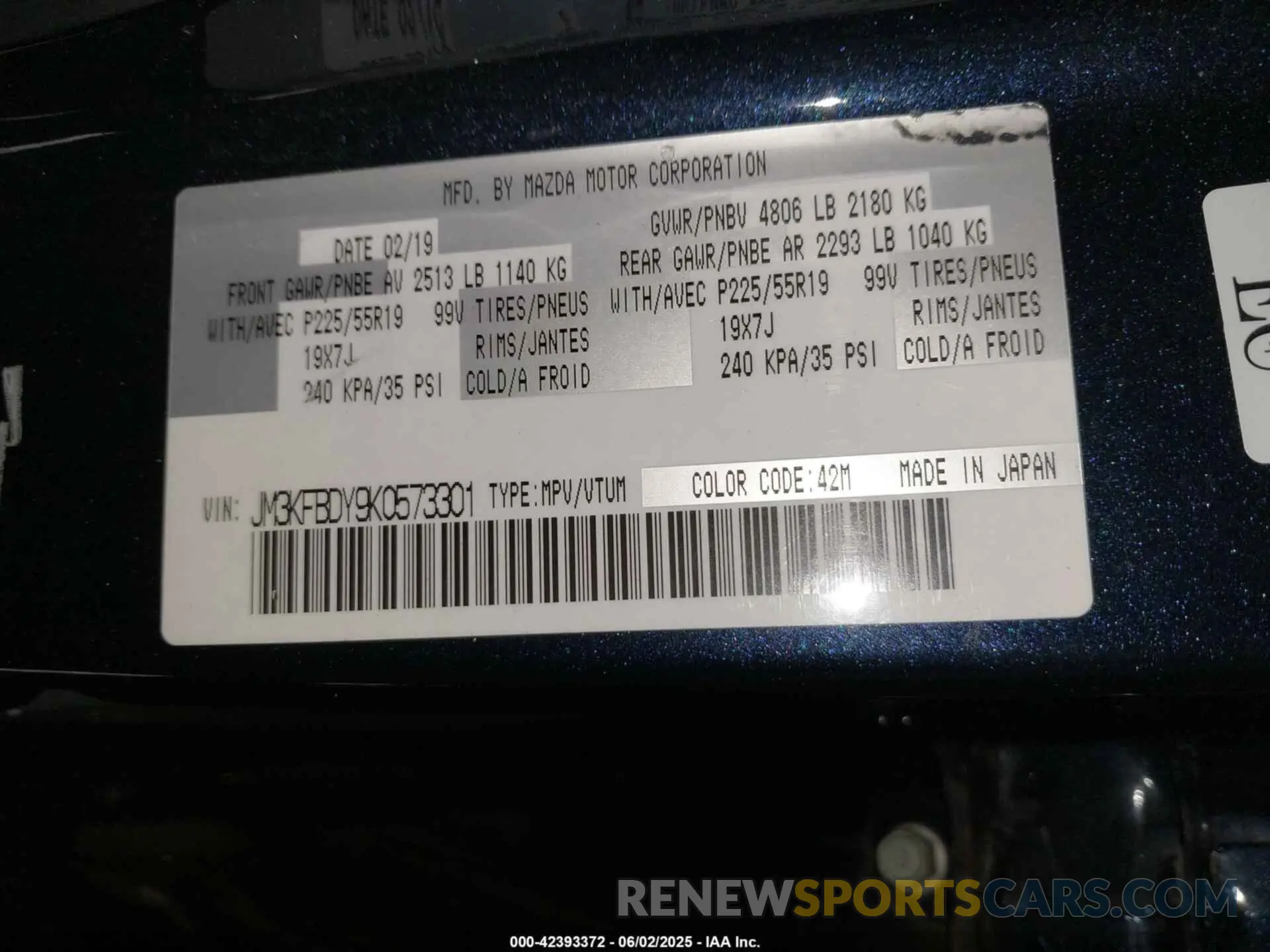 9 fotografías del automóvil dañado JM3KFBDY9K0573301 MAZDA CX-5 2019