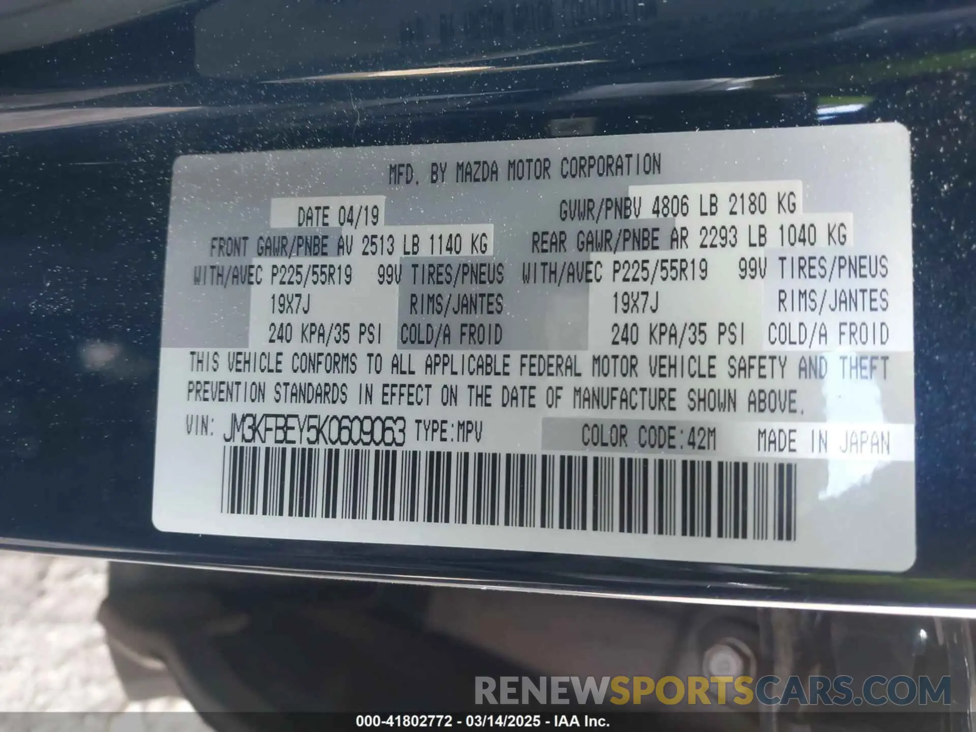 9 fotografías del automóvil dañado JM3KFBEY5K0609063 MAZDA CX-5 2019