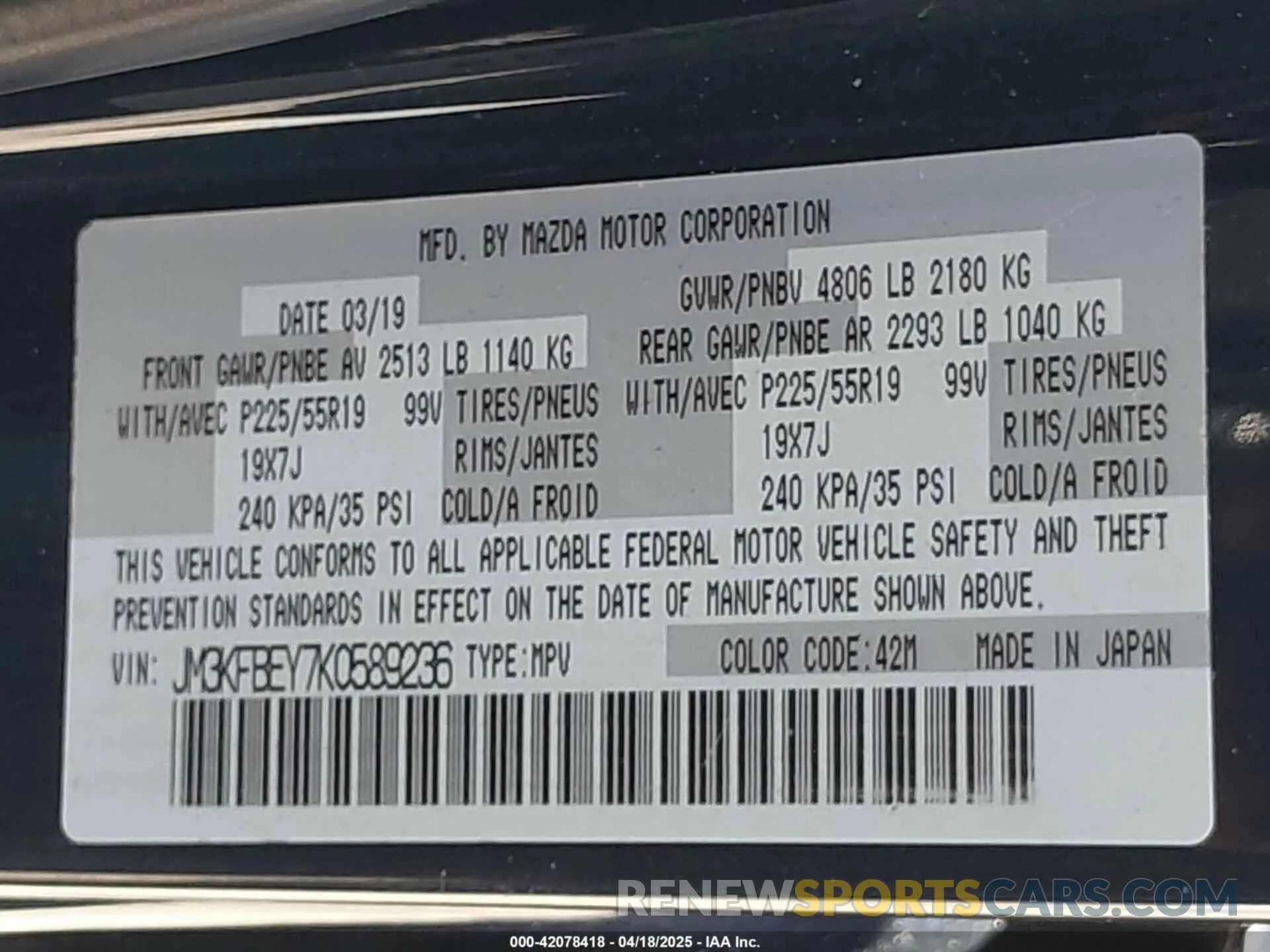9 fotografías del automóvil dañado JM3KFBEY7K0589236 MAZDA CX-5 2019