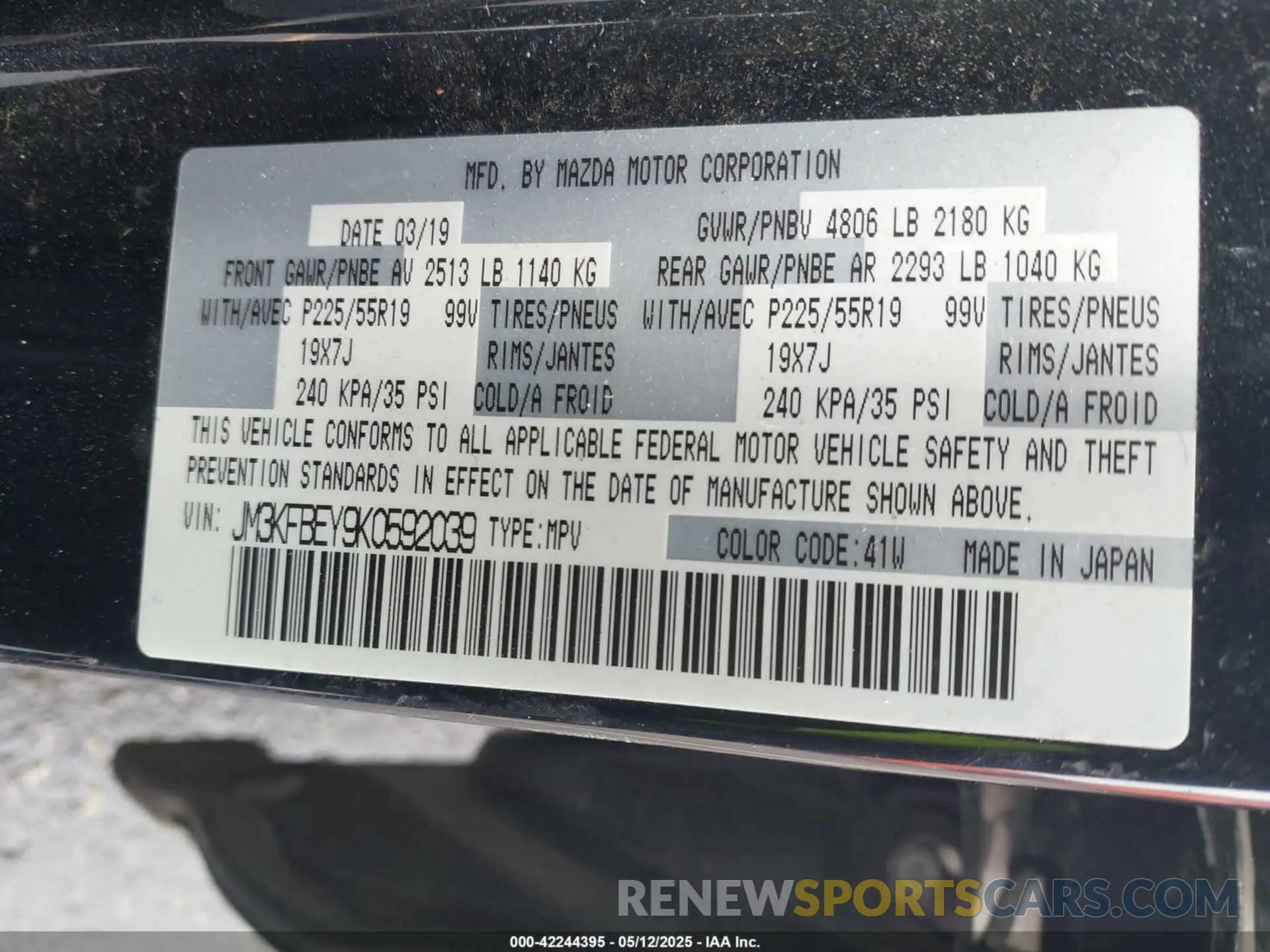 9 fotografías del automóvil dañado JM3KFBEY9K0592039 MAZDA CX-5 2019