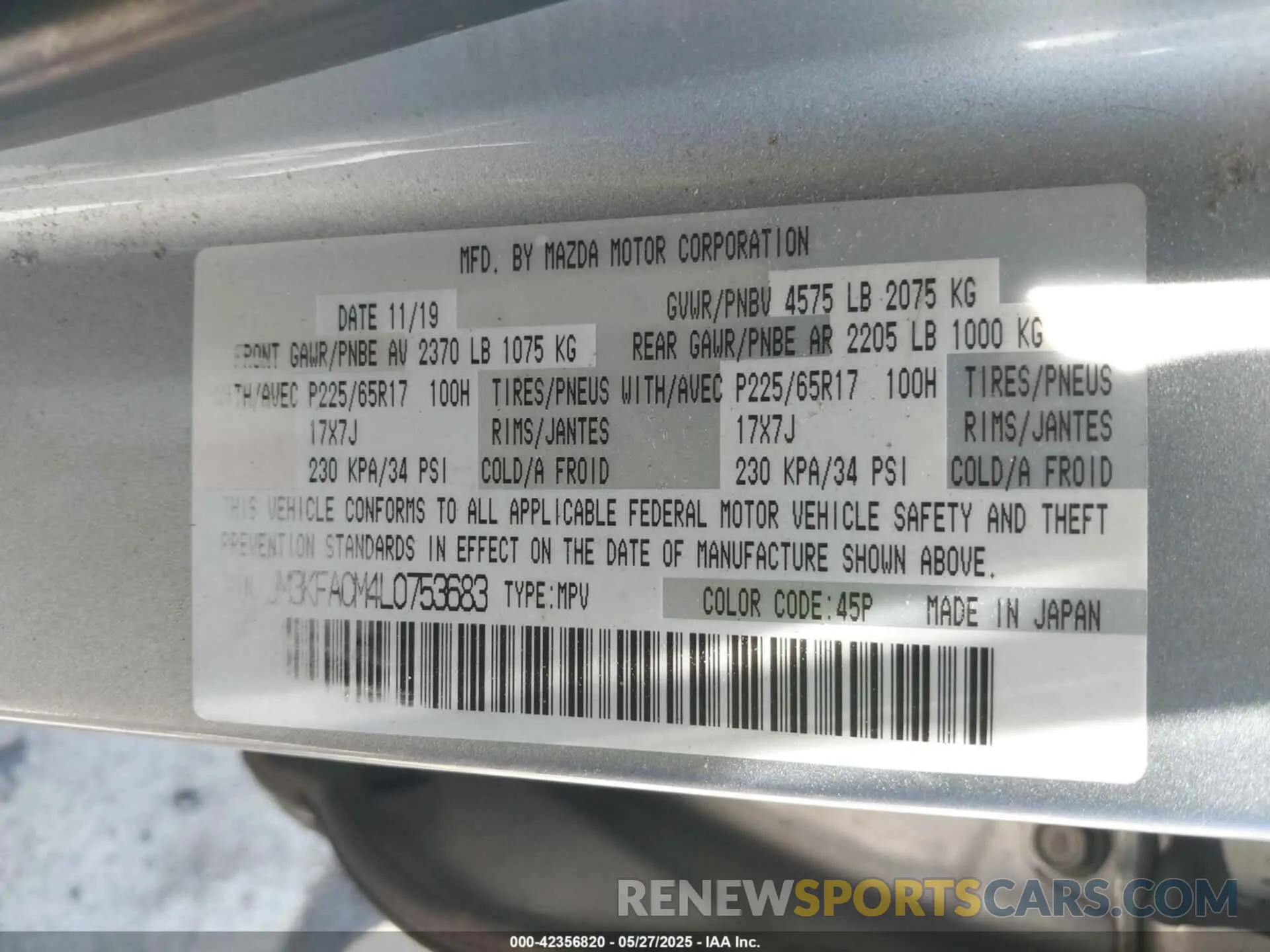 9 fotografías del automóvil dañado JM3KFACM4L0753683 MAZDA CX-5 2020