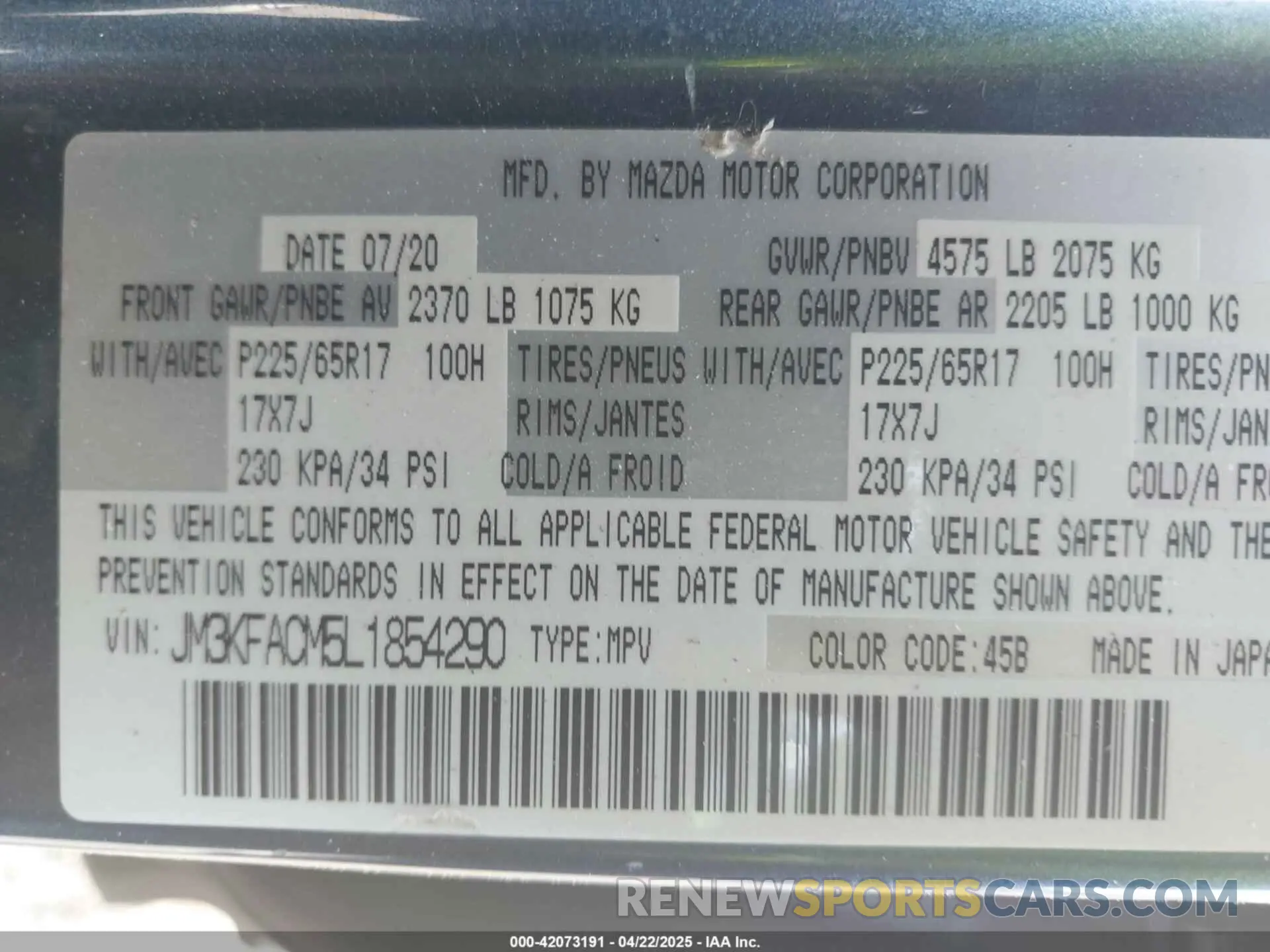 9 fotografías del automóvil dañado JM3KFACM5L1854290 MAZDA CX-5 2020