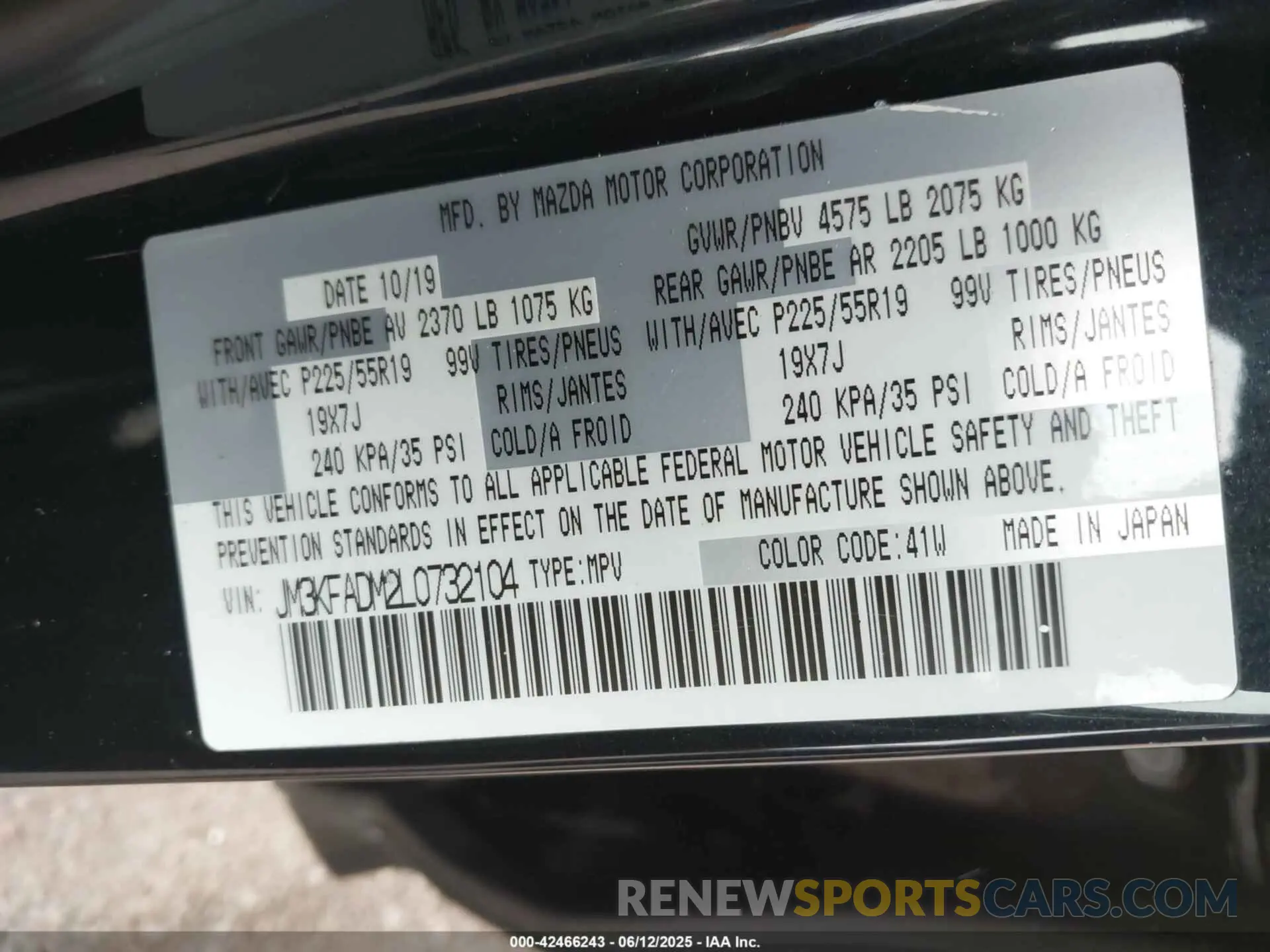 9 fotografías del automóvil dañado JM3KFADM2L0732104 MAZDA CX-5 2020