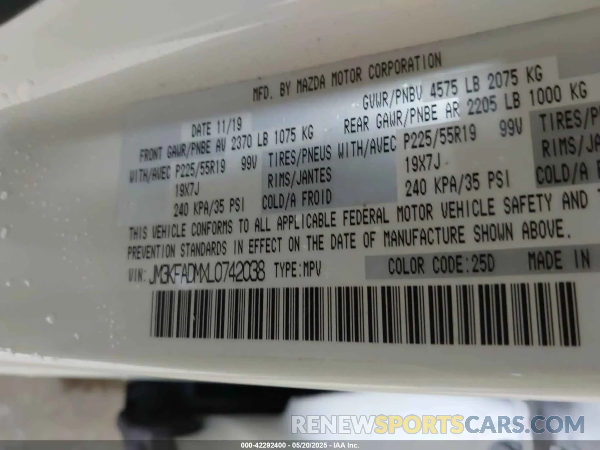 9 fotografías del automóvil dañado JM3KFADMXL0742038 MAZDA CX-5 2020