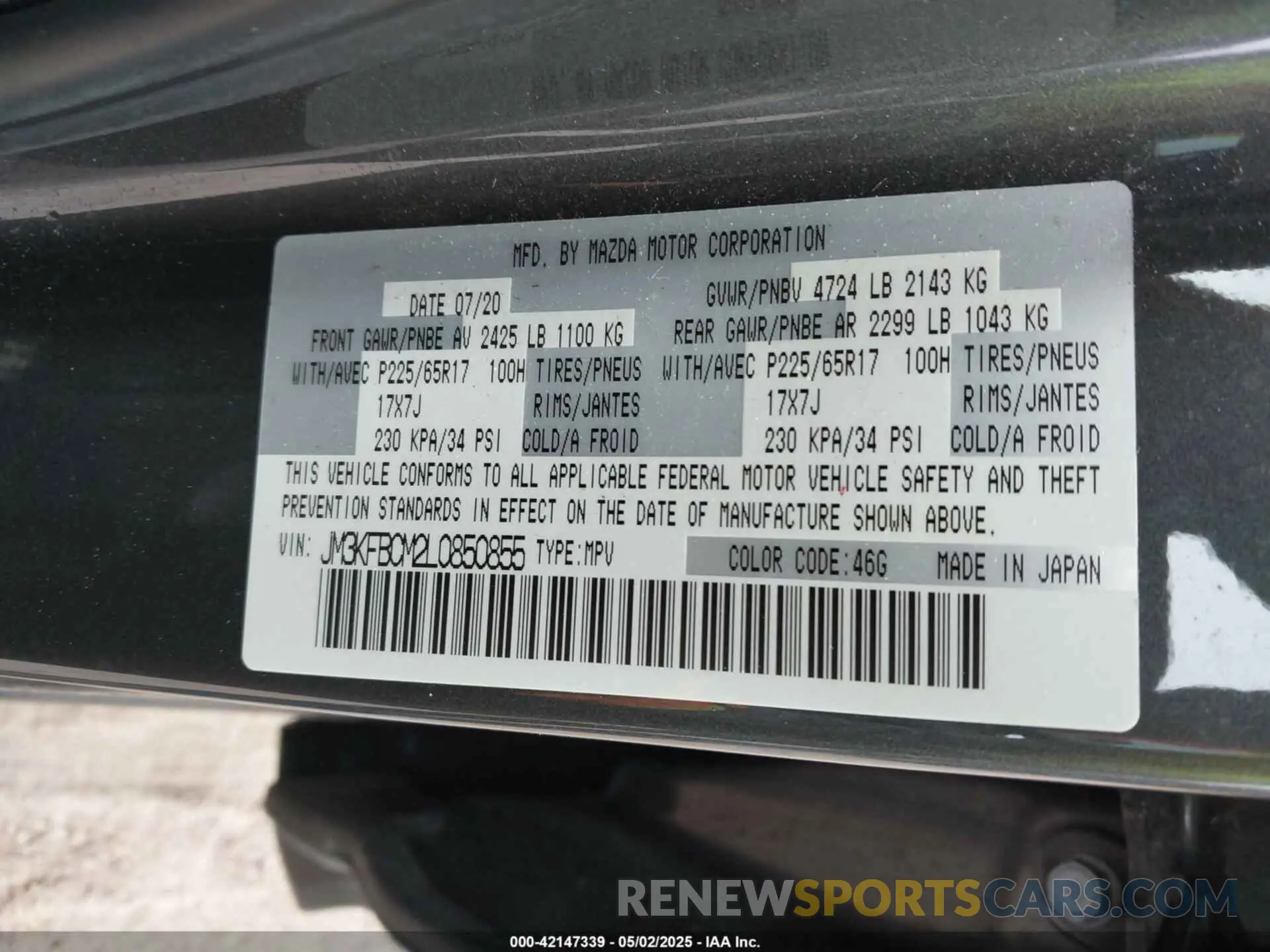 9 fotografías del automóvil dañado JM3KFBCM2L0850855 MAZDA CX-5 2020