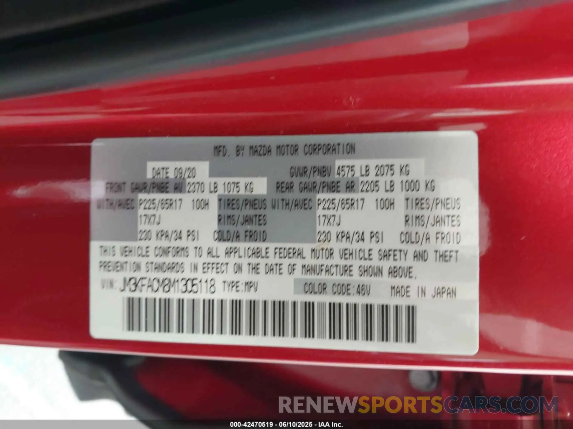 9 fotografías del automóvil dañado JM3KFACM8M1305118 MAZDA CX-5 2021