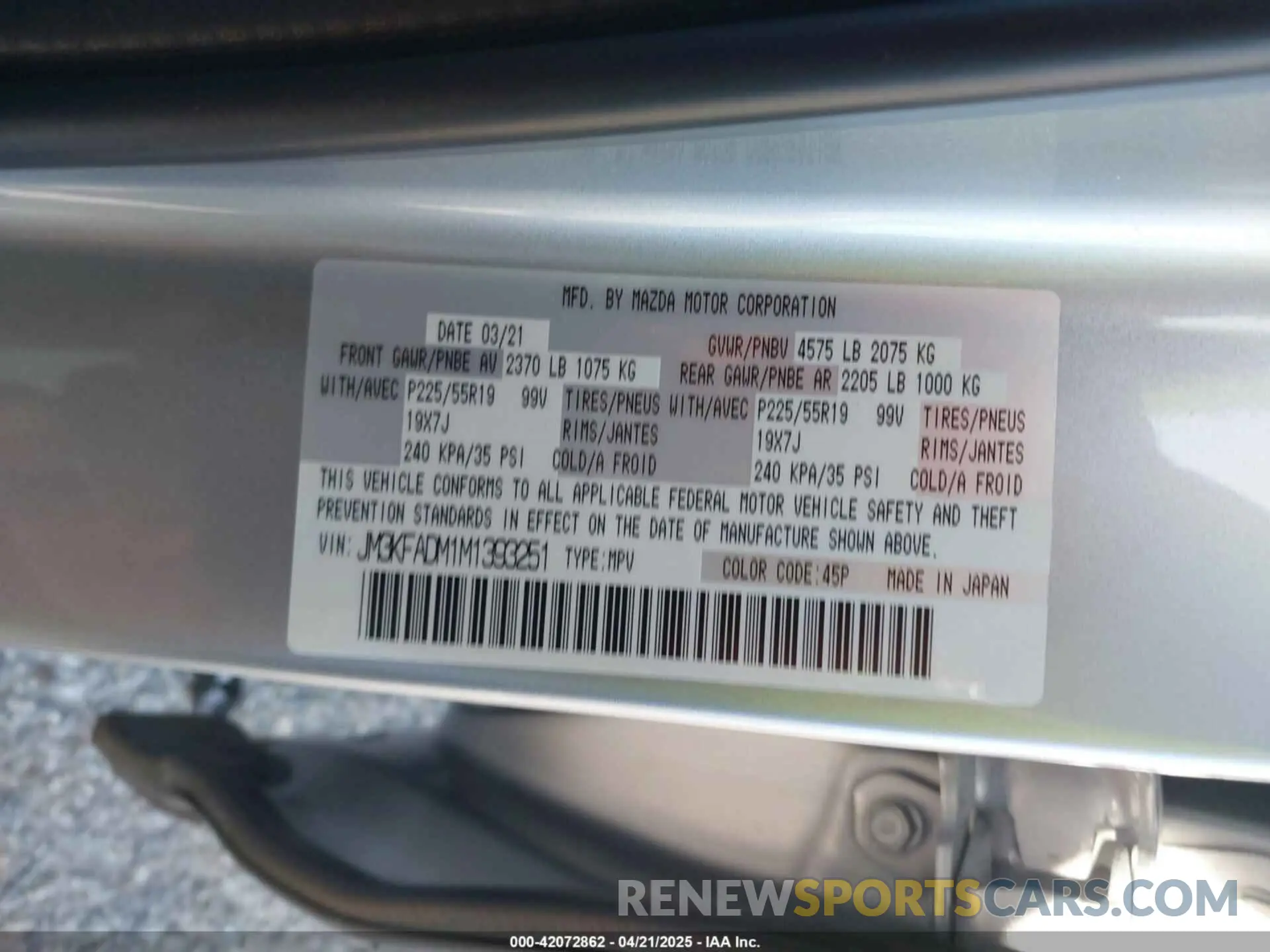 9 fotografías del automóvil dañado JM3KFADM1M1393251 MAZDA CX-5 2021