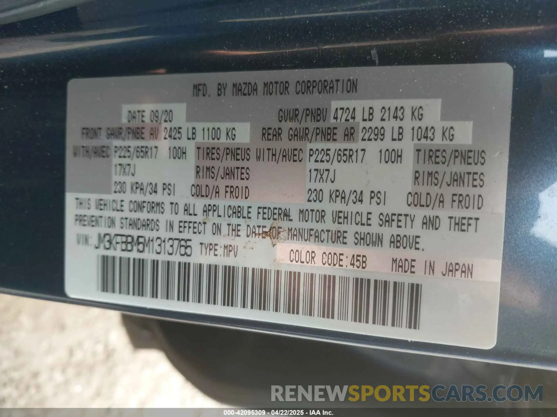 9 fotografías del automóvil dañado JM3KFBBM5M1313765 MAZDA CX-5 2021