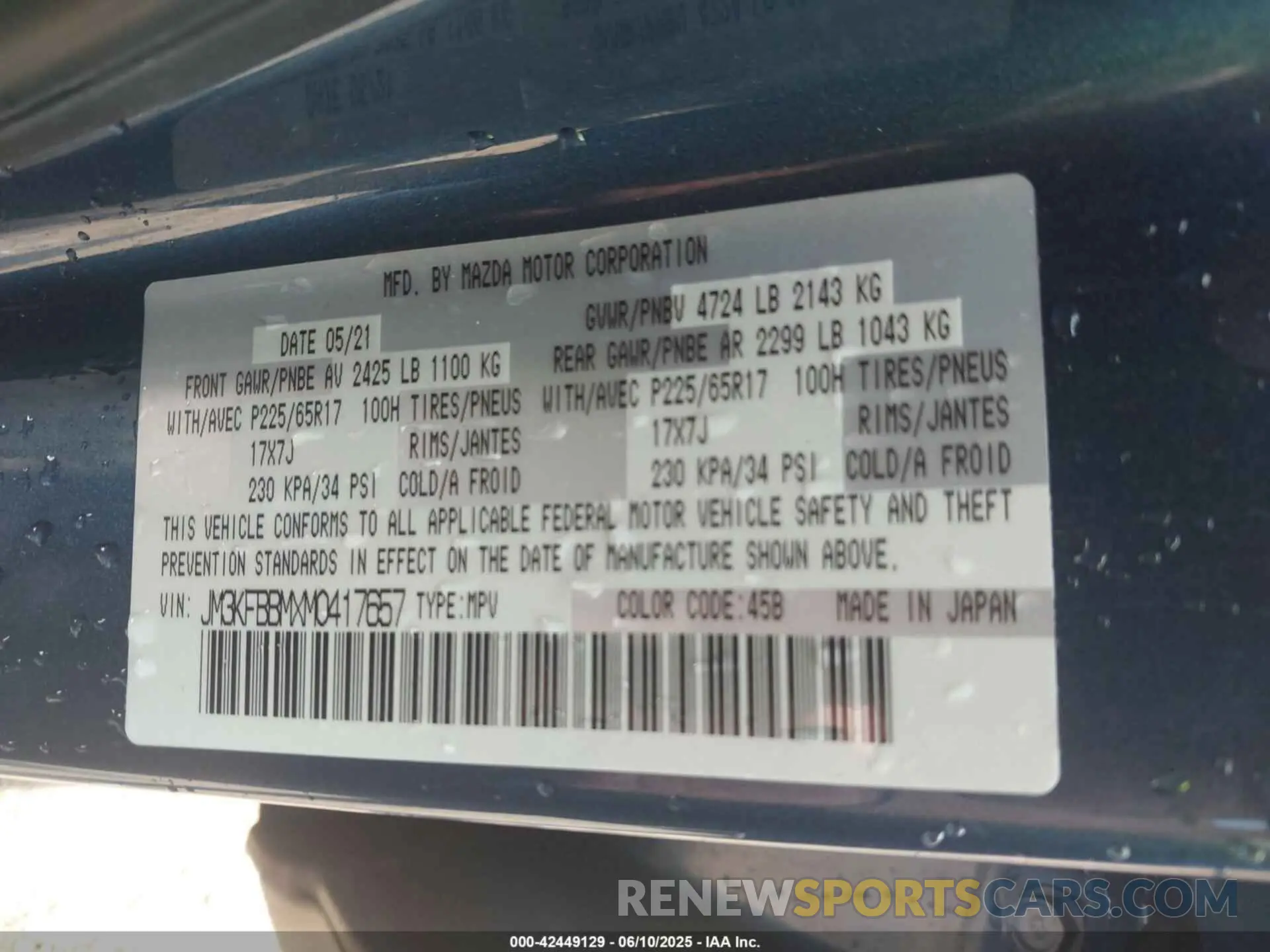 9 fotografías del automóvil dañado JM3KFBBMXM0417657 MAZDA CX-5 2021