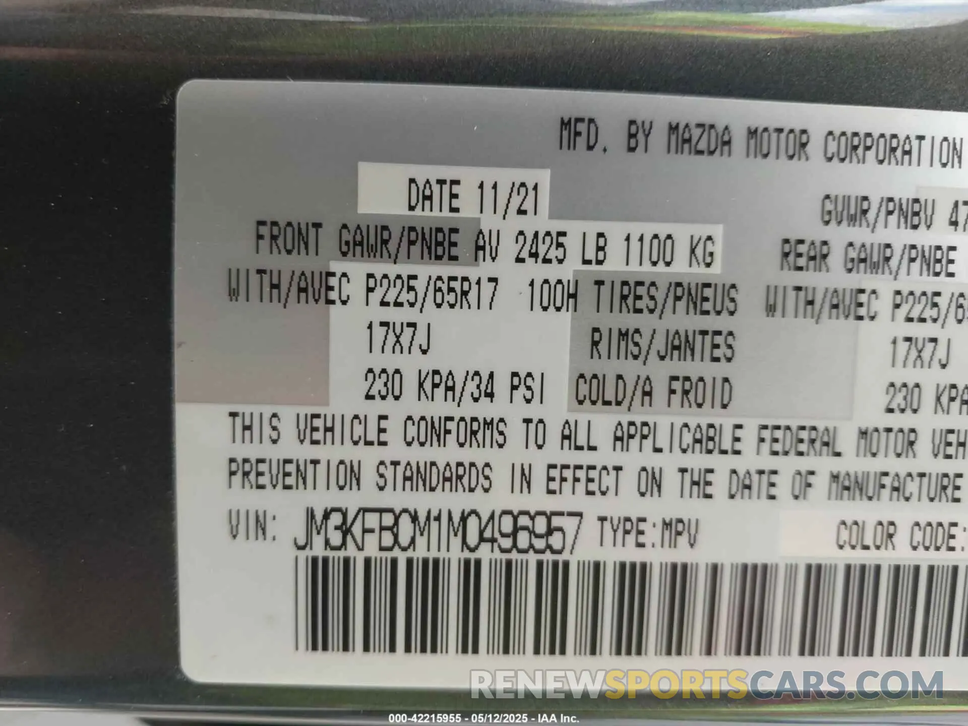 9 fotografías del automóvil dañado JM3KFBCM1M0496957 MAZDA CX-5 2021