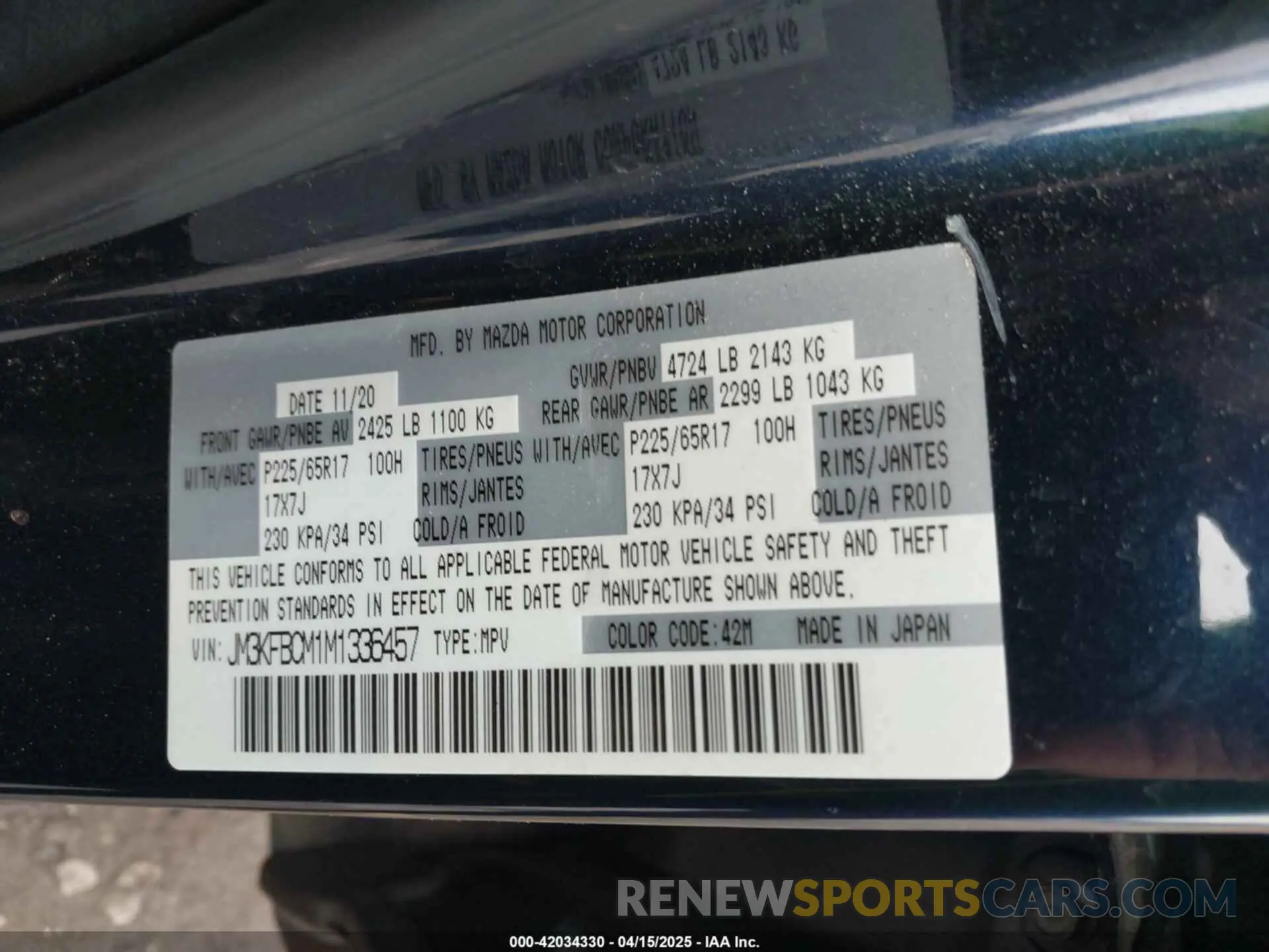 9 fotografías del automóvil dañado JM3KFBCM1M1336457 MAZDA CX-5 2021