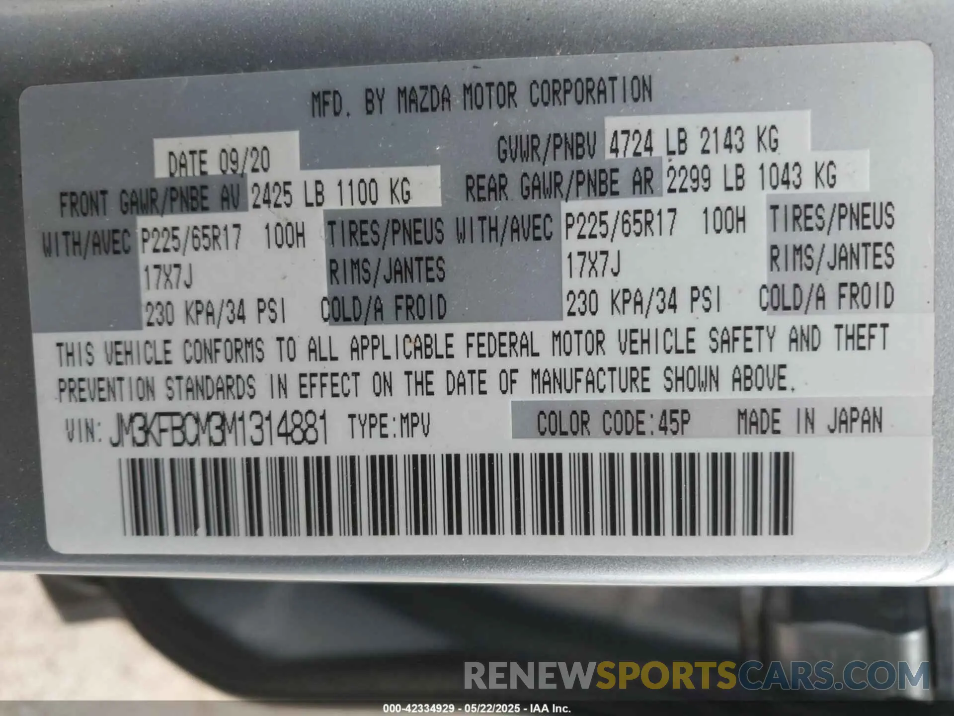 9 fotografías del automóvil dañado JM3KFBCM3M1314881 MAZDA CX-5 2021