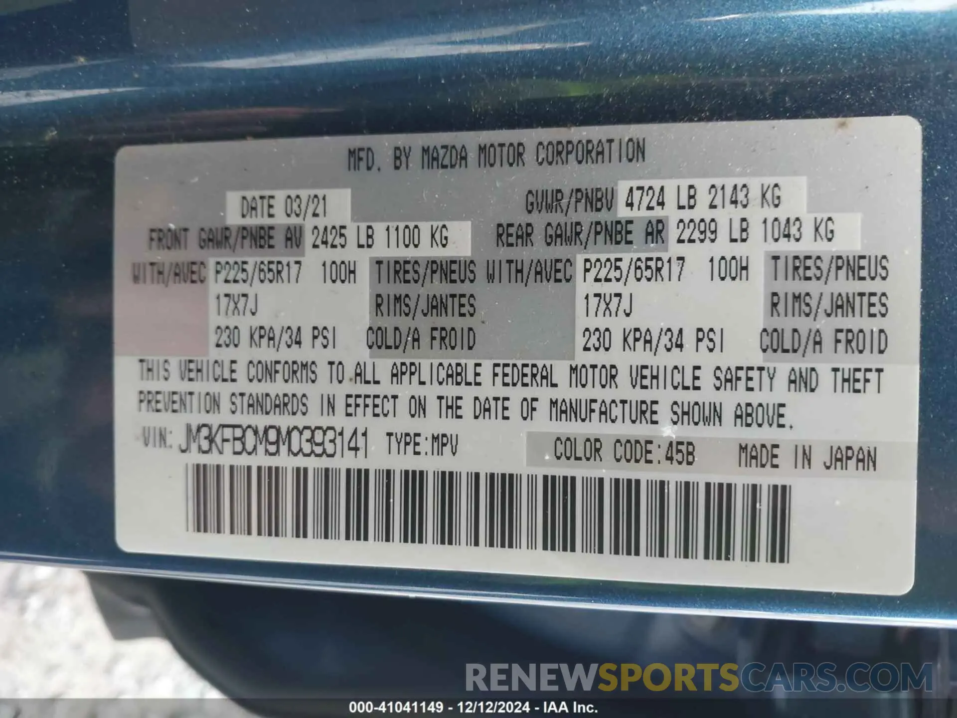 9 fotografías del automóvil dañado JM3KFBCM9M0393141 MAZDA CX-5 2021
