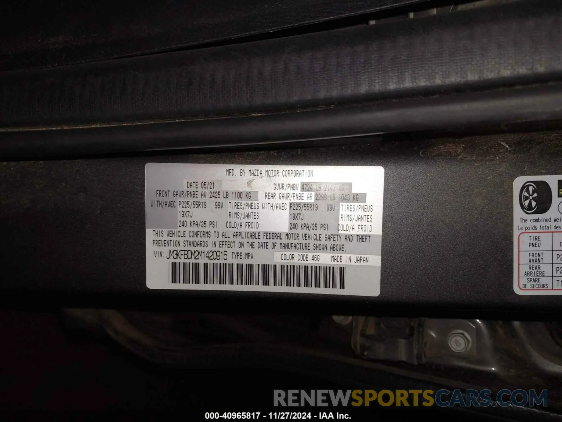 9 fotografías del automóvil dañado JM3KFBDM2M1420916 MAZDA CX-5 2021