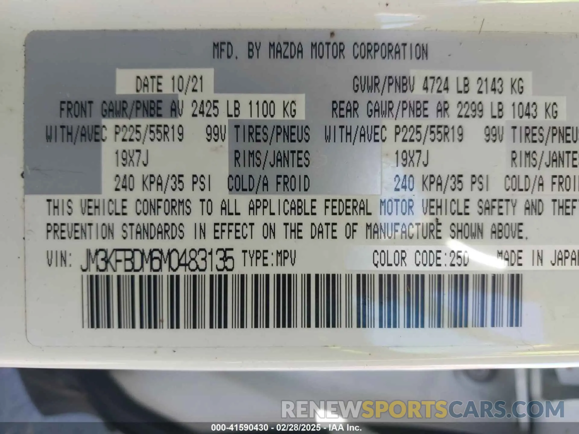 9 fotografías del automóvil dañado JM3KFBDM6M0483135 MAZDA CX-5 2021