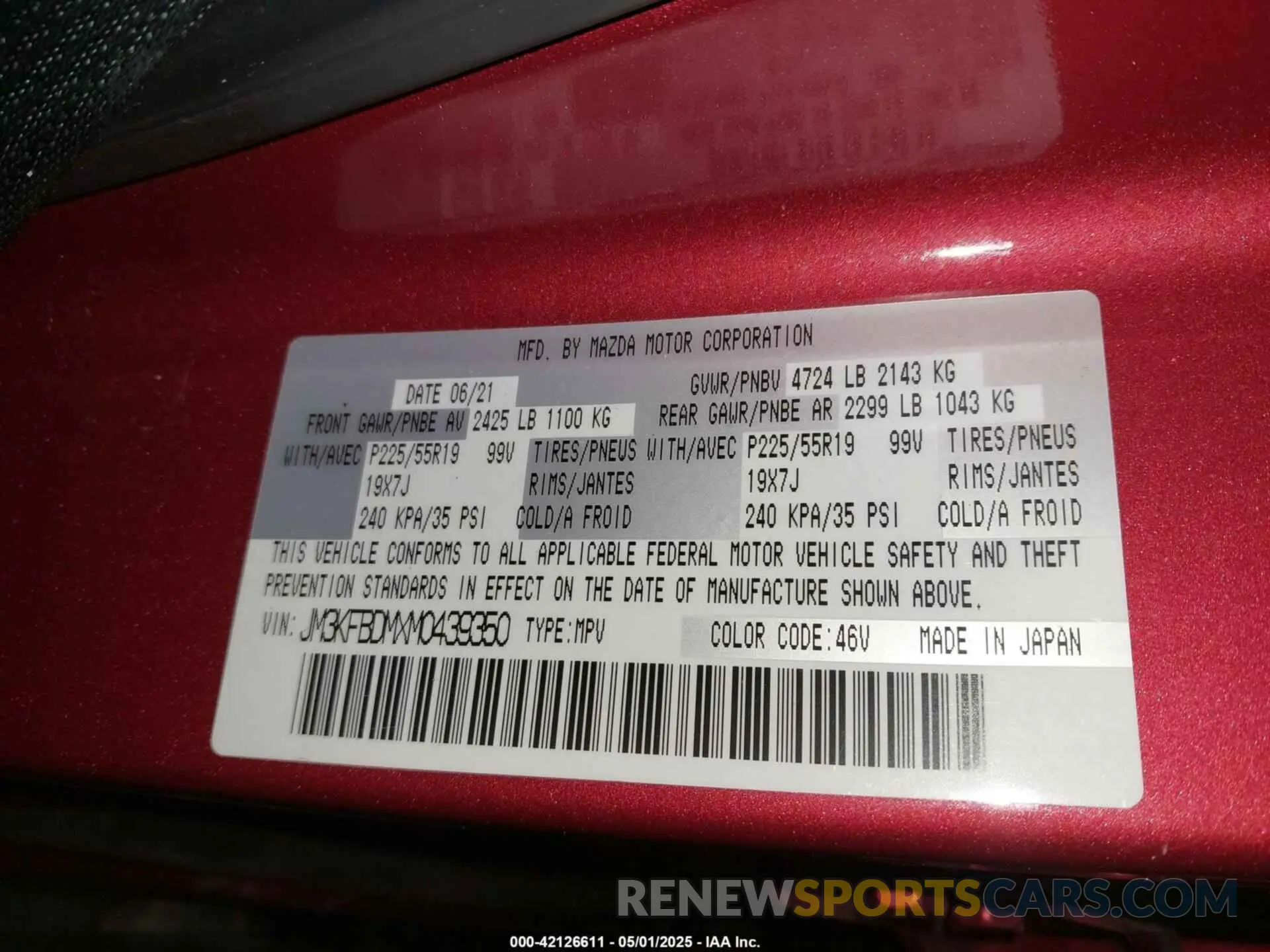 9 fotografías del automóvil dañado JM3KFBDMXM0439350 MAZDA CX-5 2021