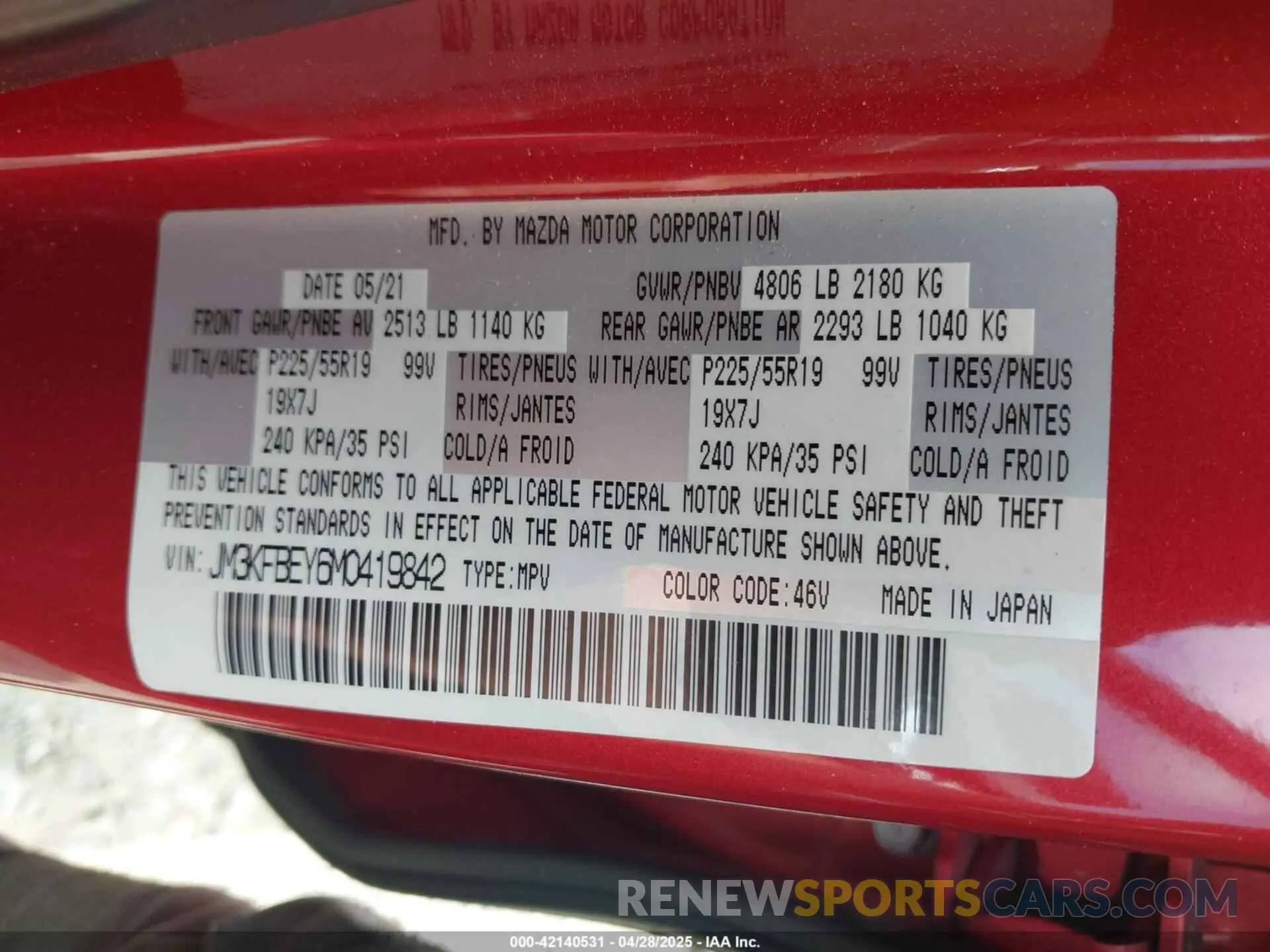 9 fotografías del automóvil dañado JM3KFBEY6M0419842 MAZDA CX-5 2021