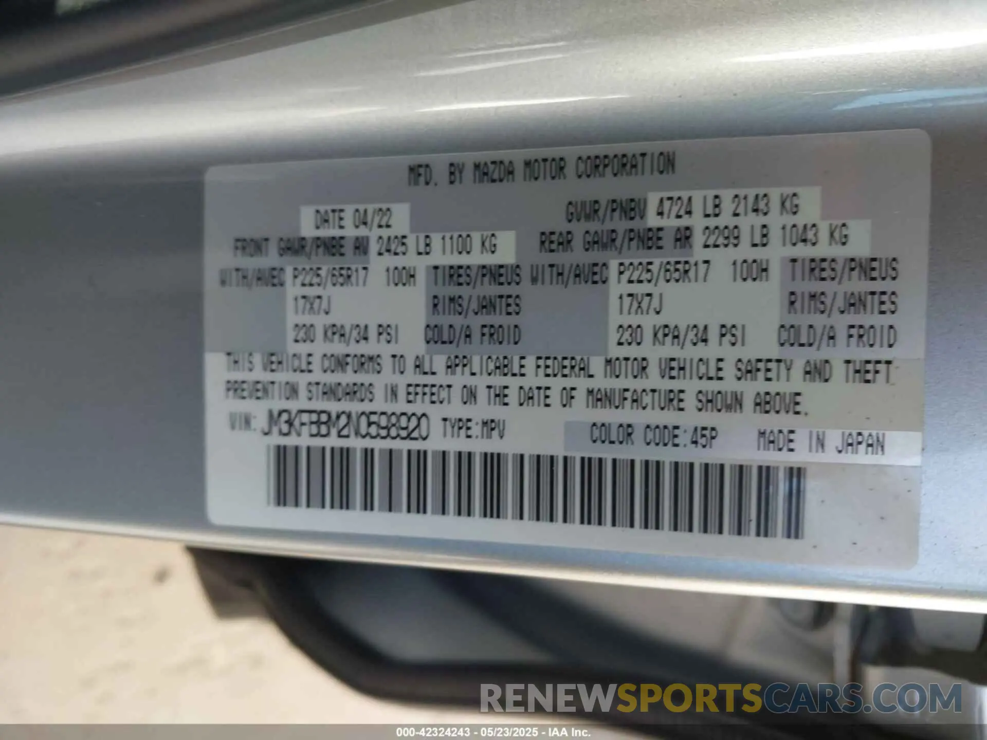 9 fotografías del automóvil dañado JM3KFBBM2N0598920 MAZDA CX-5 2022