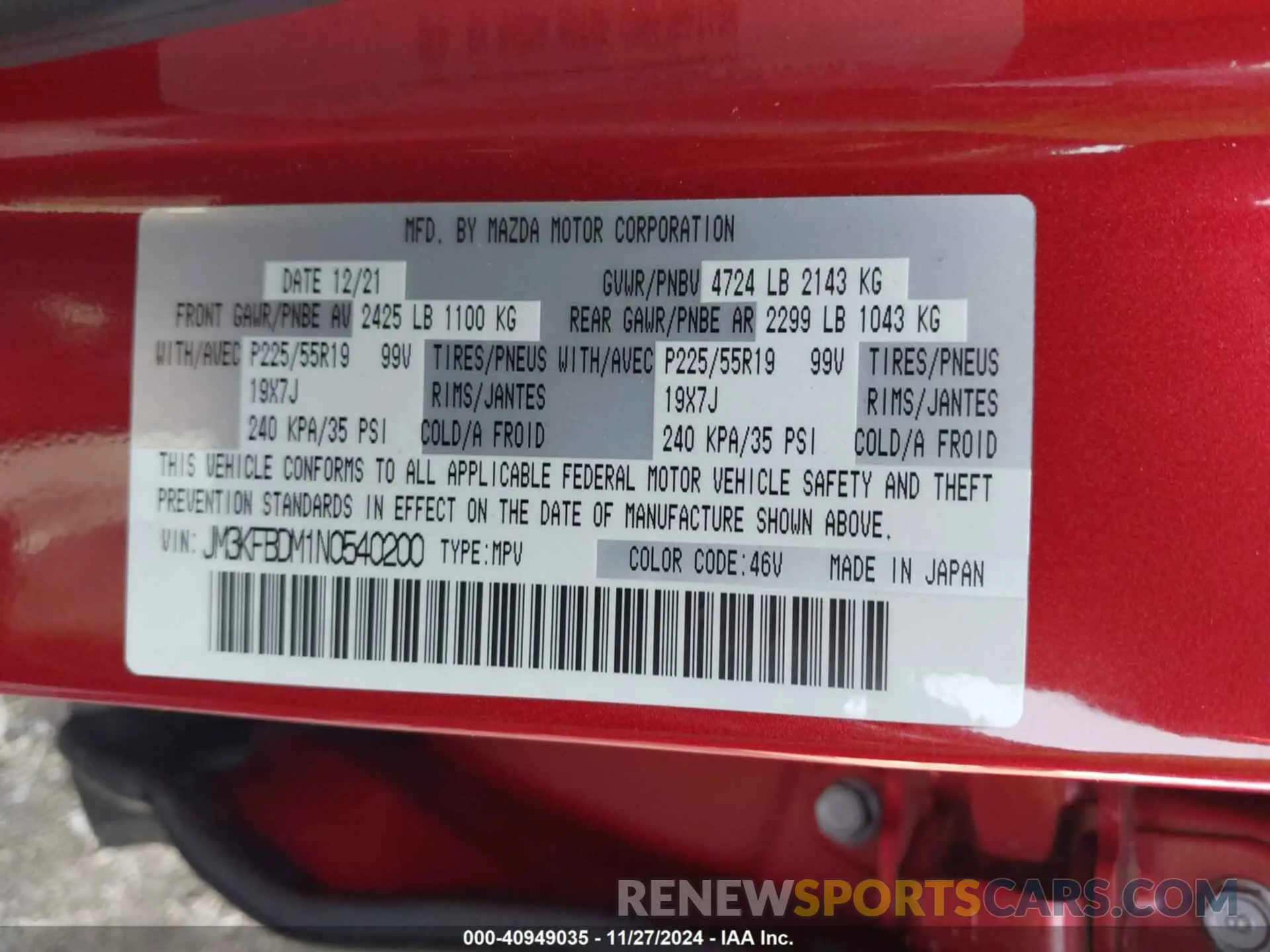 9 fotografías del automóvil dañado JM3KFBDM1N0540200 MAZDA CX-5 2022