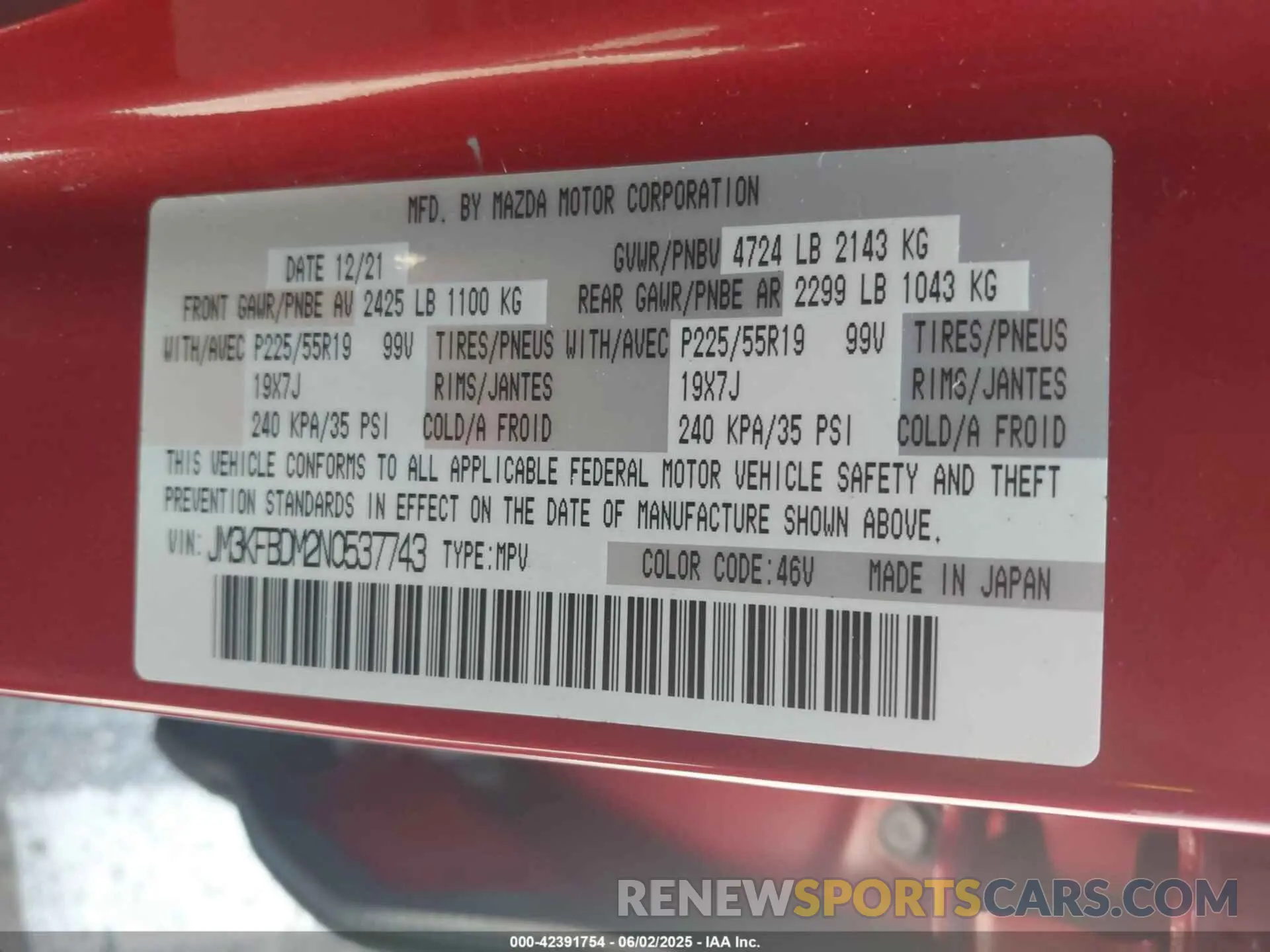 9 fotografías del automóvil dañado JM3KFBDM2N0537743 MAZDA CX-5 2022