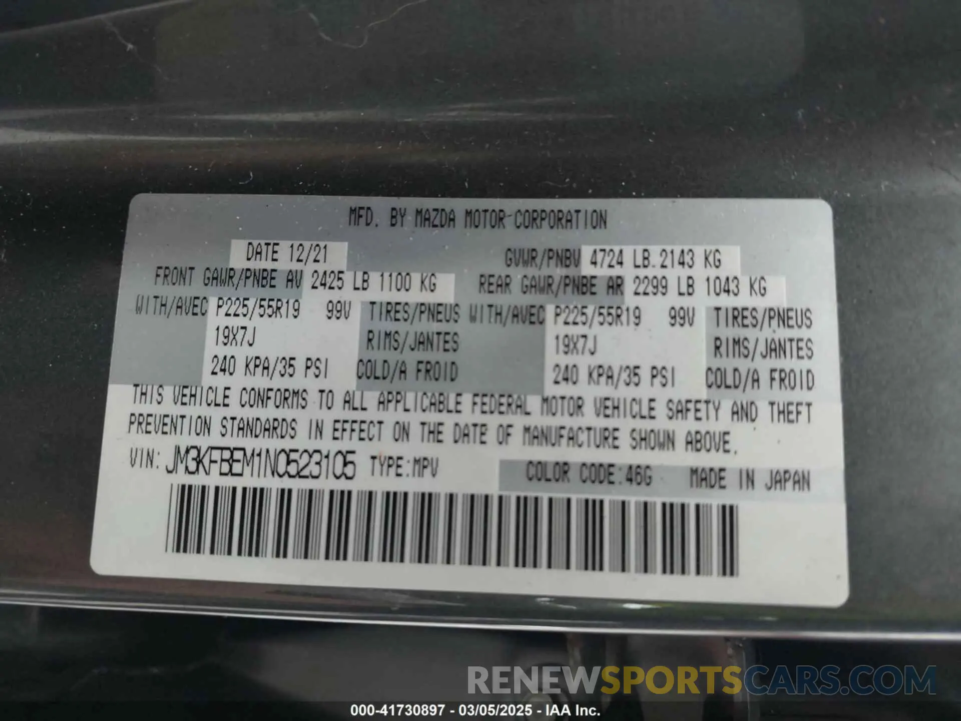 9 fotografías del automóvil dañado JM3KFBEM1N0523105 MAZDA CX-5 2022