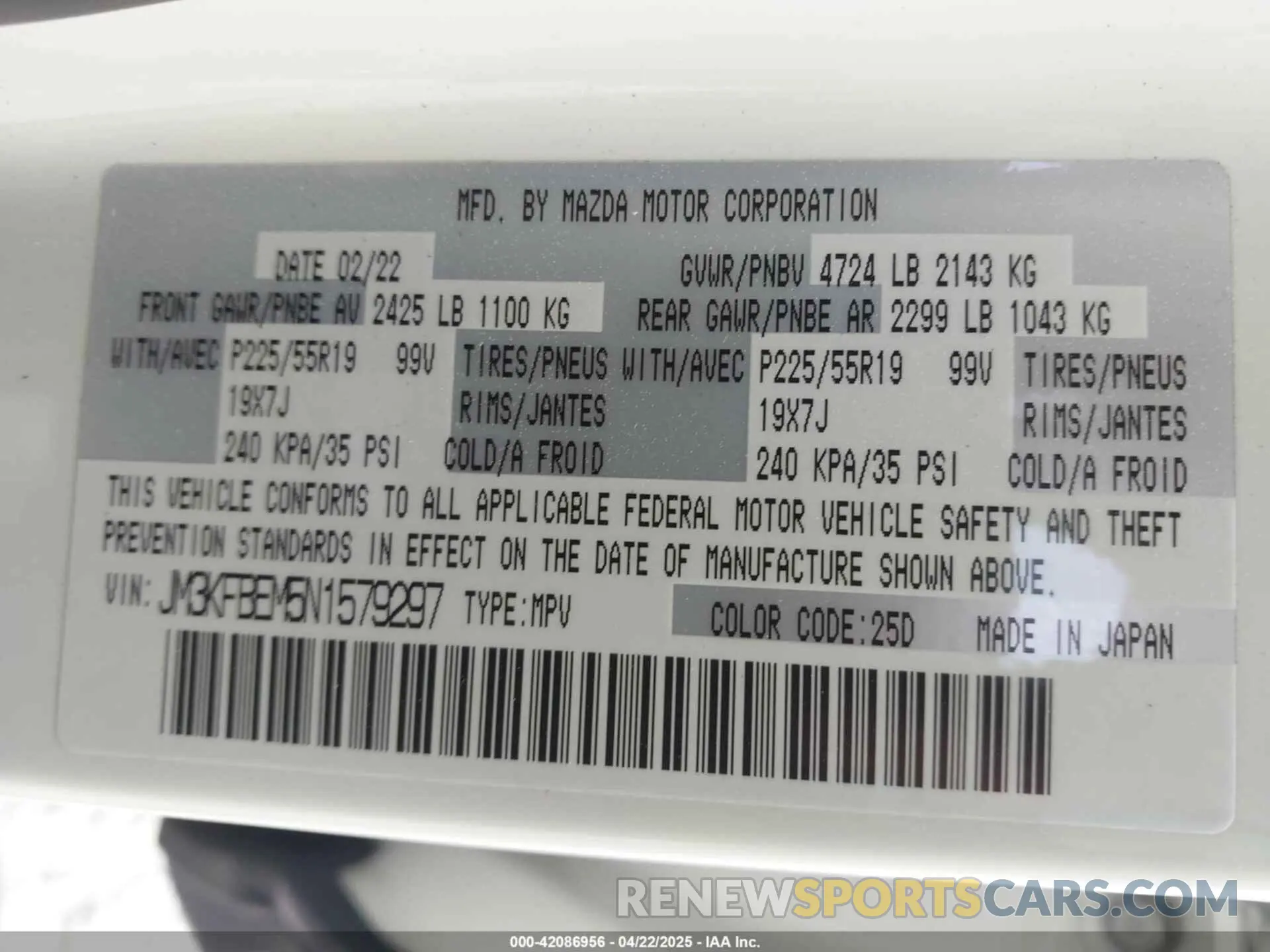 9 fotografías del automóvil dañado JM3KFBEM5N1579297 MAZDA CX-5 2022