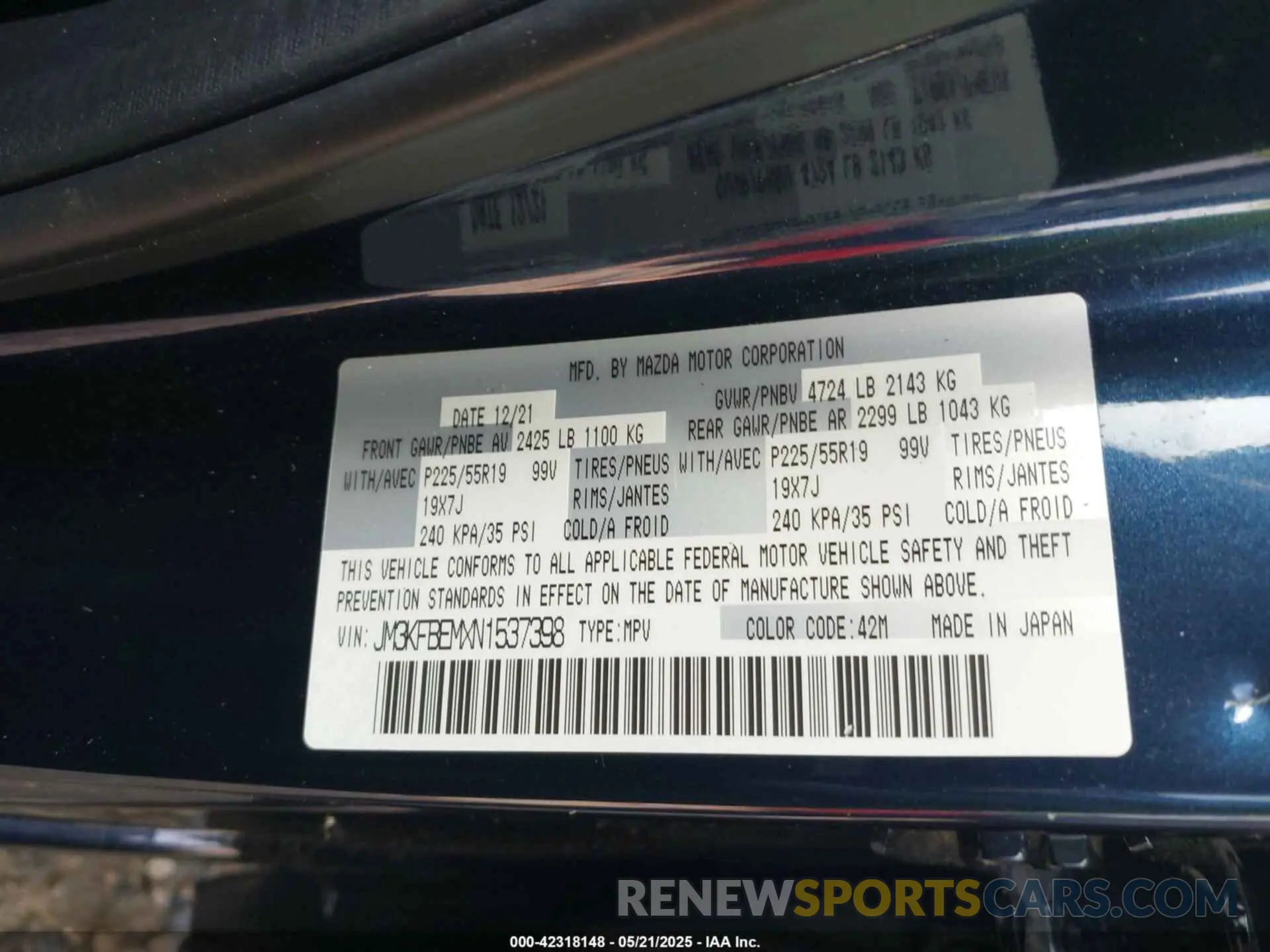 9 fotografías del automóvil dañado JM3KFBEMXN1537398 MAZDA CX-5 2022