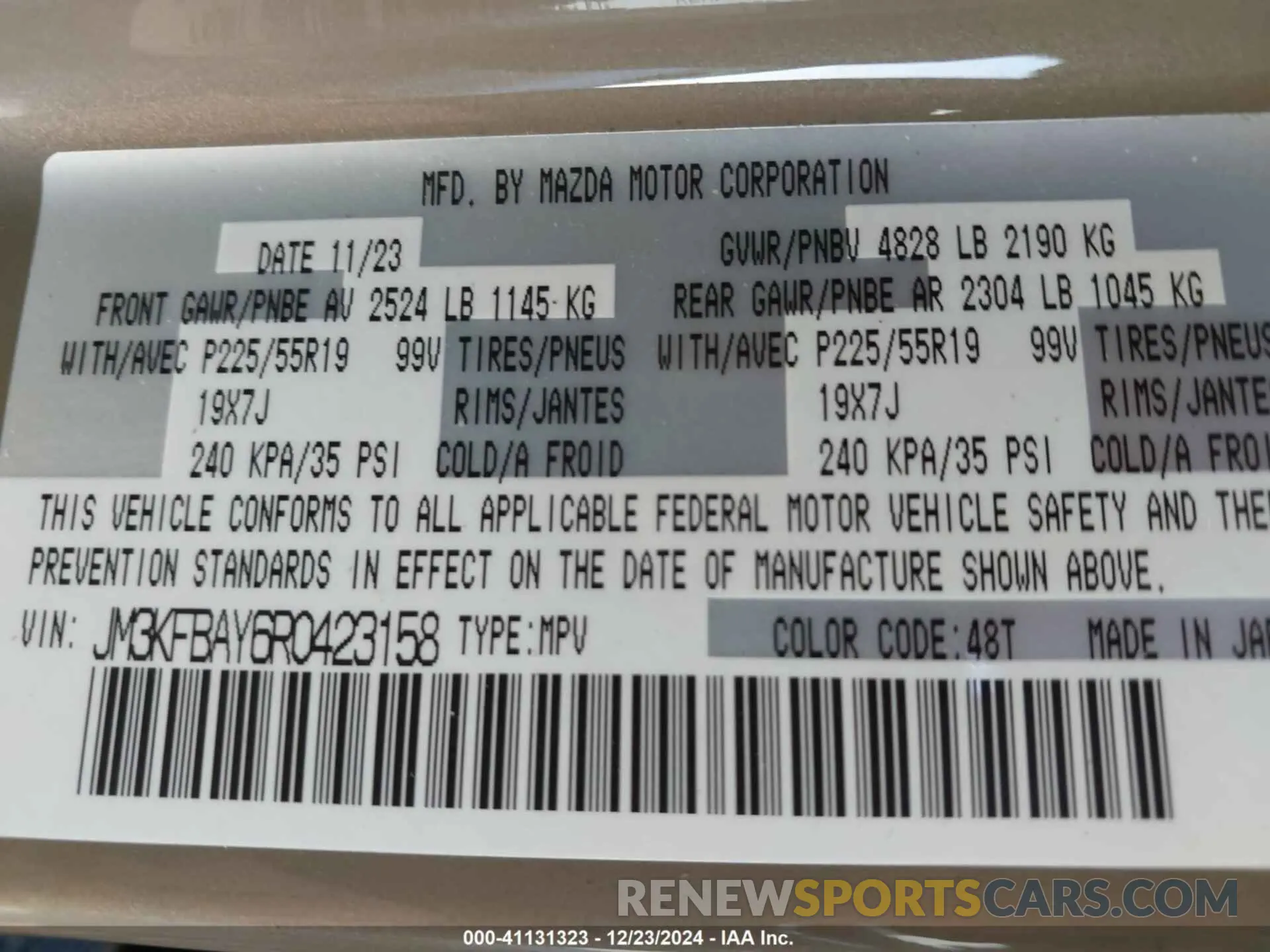 9 fotografías del automóvil dañado JM3KFBAY6R0423158 MAZDA CX-5 2024