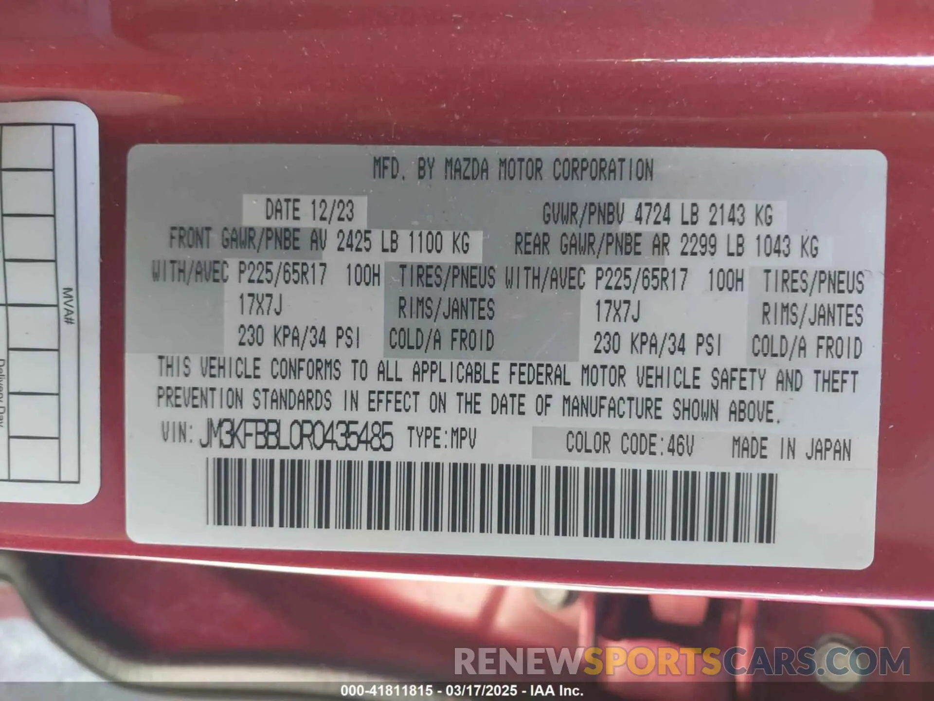 9 fotografías del automóvil dañado JM3KFBBL0R0435485 MAZDA CX-5 2024