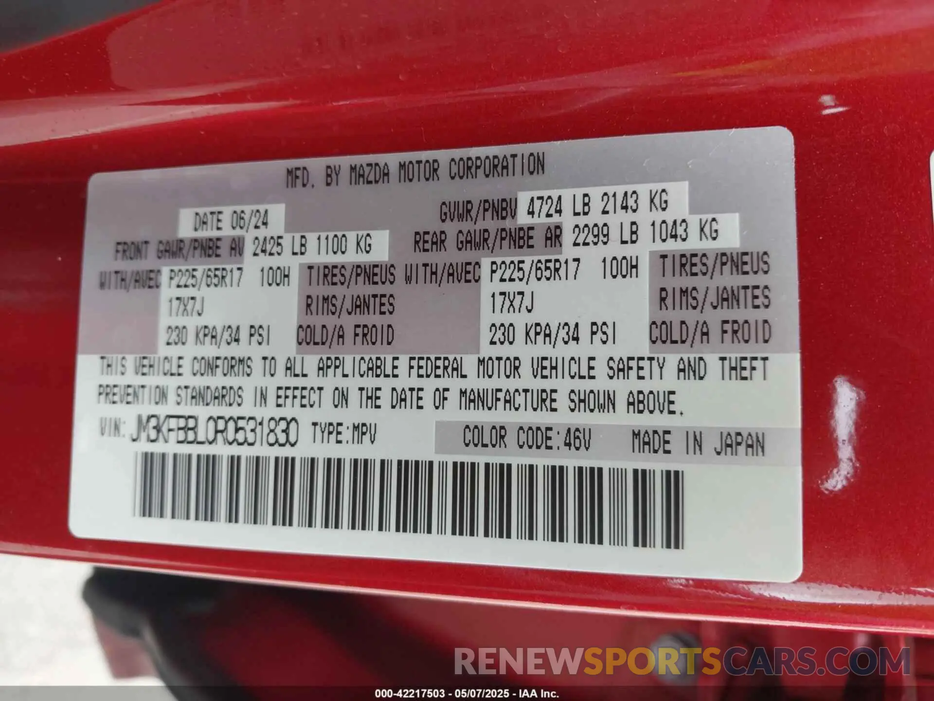 9 fotografías del automóvil dañado JM3KFBBL0R0531830 MAZDA CX-5 2024