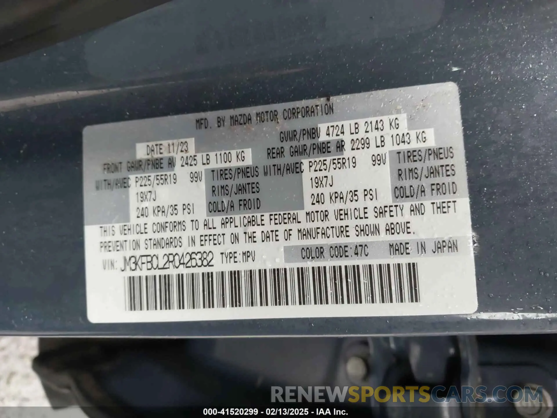 9 fotografías del automóvil dañado JM3KFBCL2R0426382 MAZDA CX-5 2024