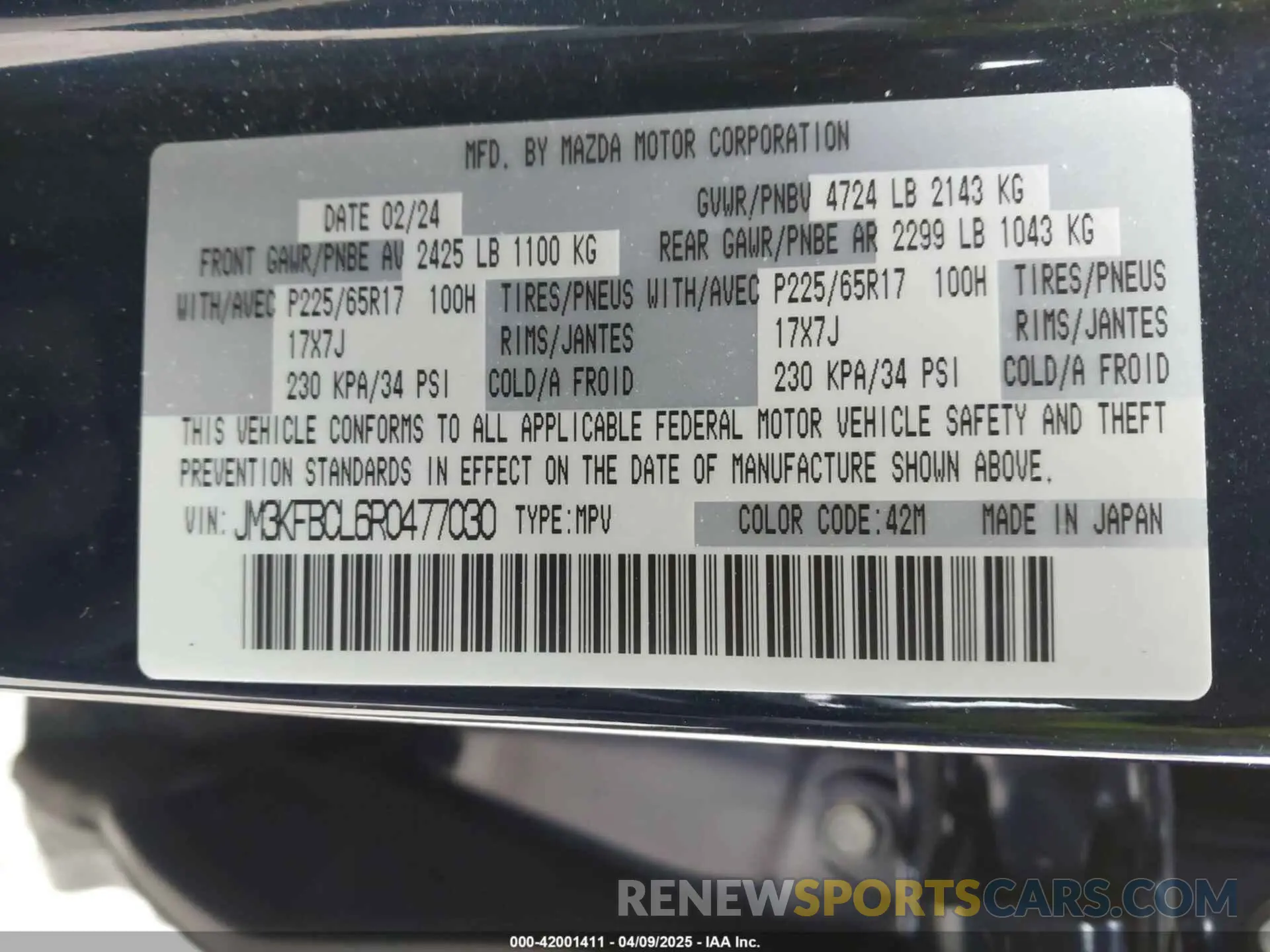 9 fotografías del automóvil dañado JM3KFBCL6R0477030 MAZDA CX-5 2024